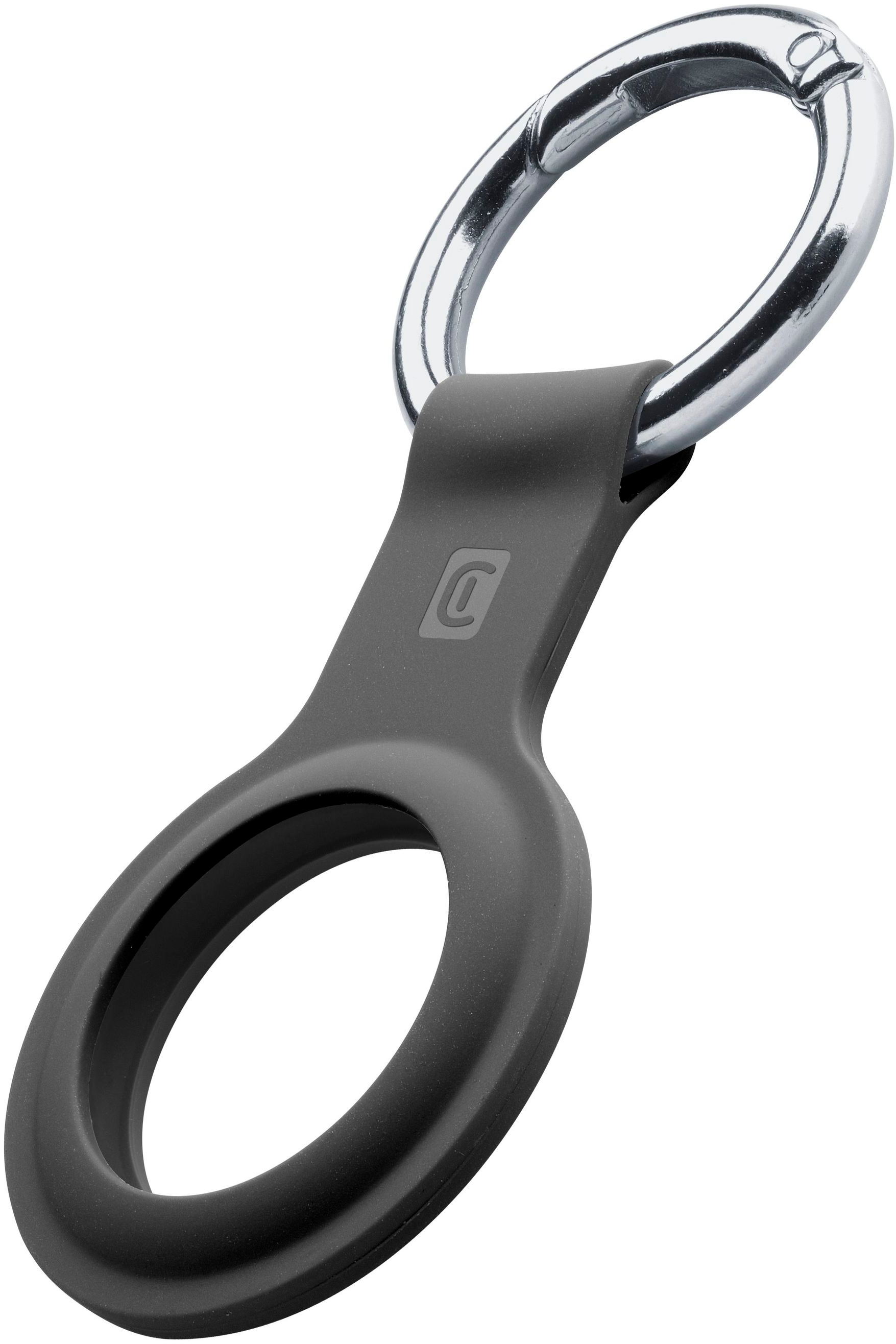 Ein schwarzer AirTag-Halter mit silbernem Ring auf weißem Hintergrund.