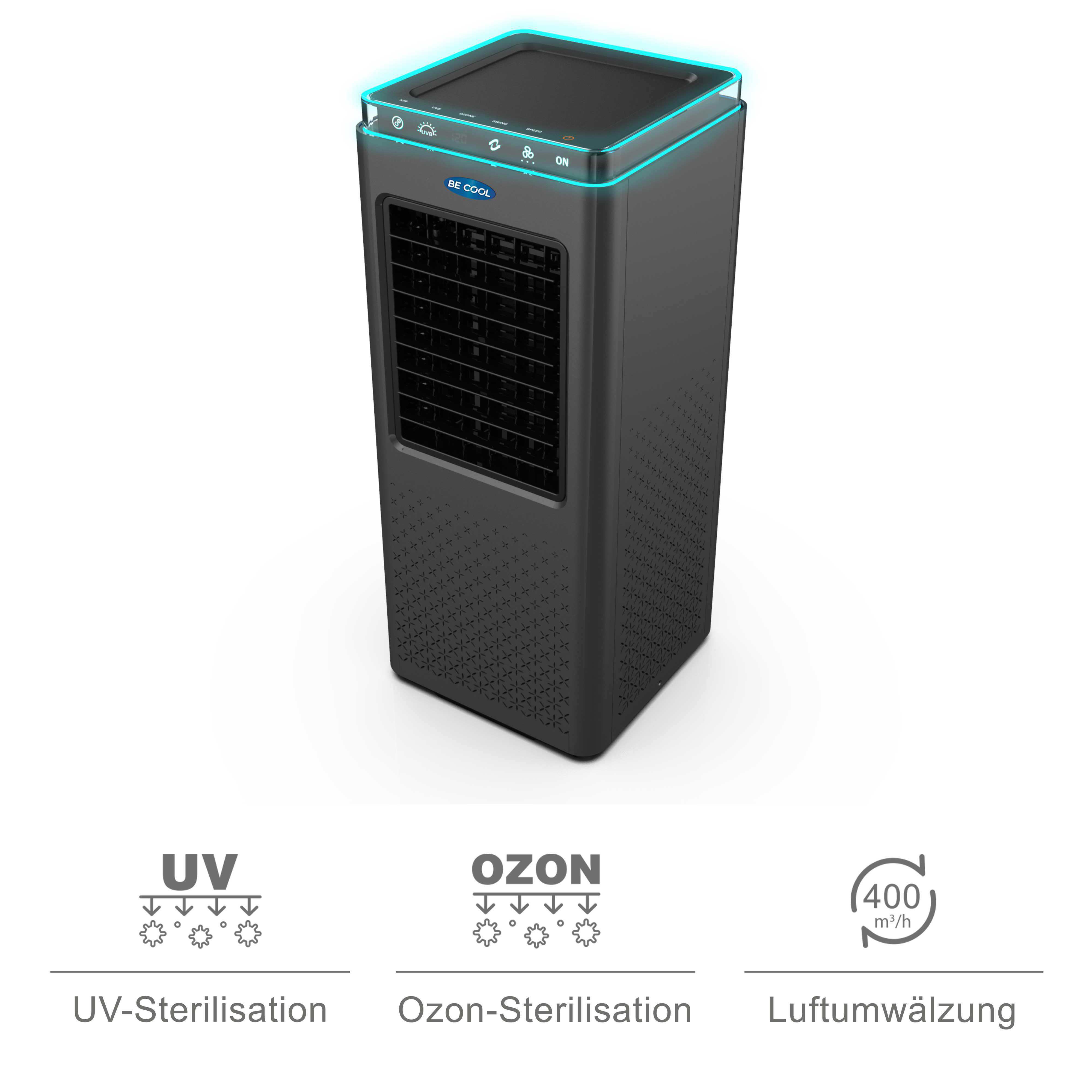 Schwarzer Luftkühler mit blauem Licht oben. UV-, Ozon- und Luftstromsymbole unten.