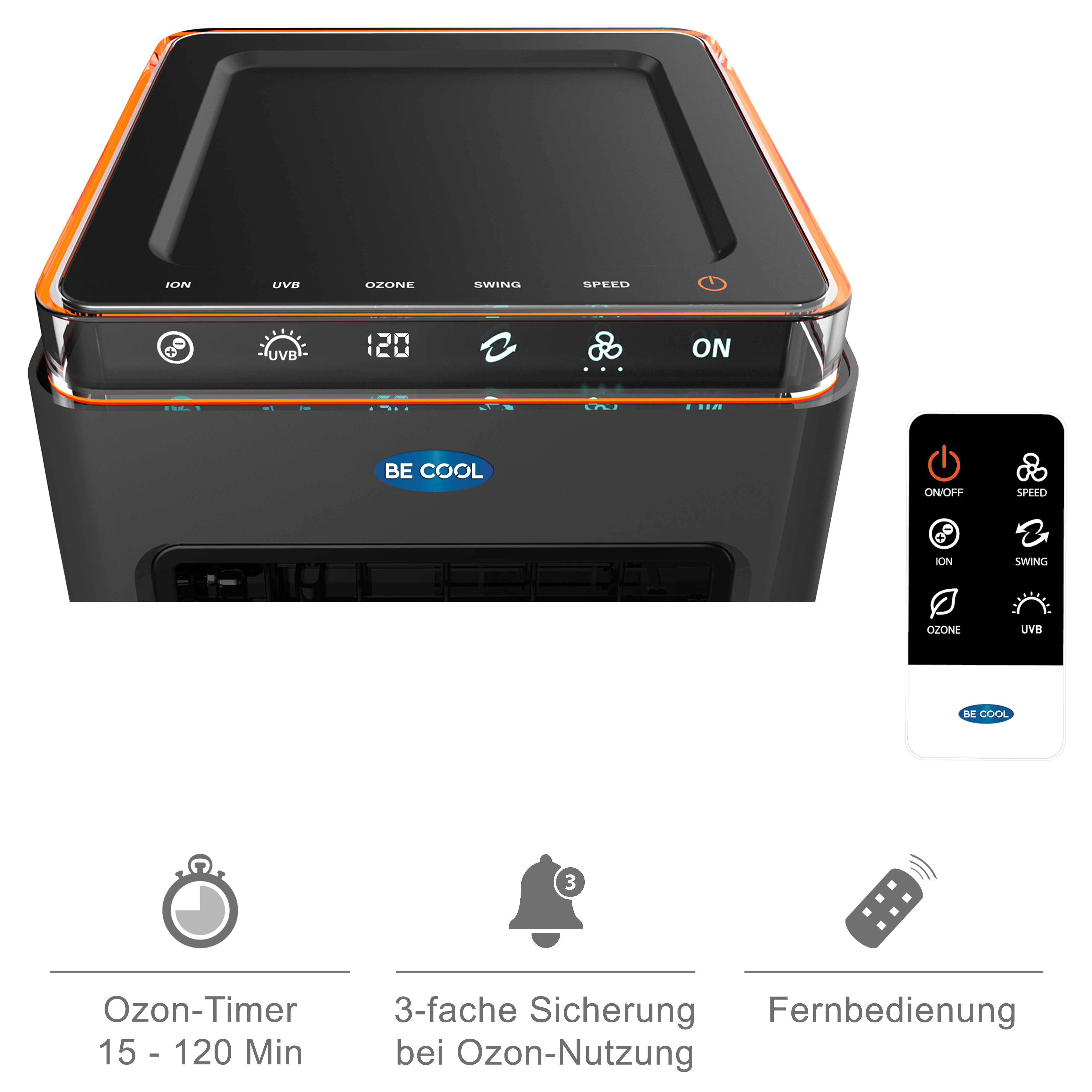 Ein Luftreiniger mit Knöpfen und Fernbedienung. Es ist schwarz und orange, mit weißem Hintergrund.