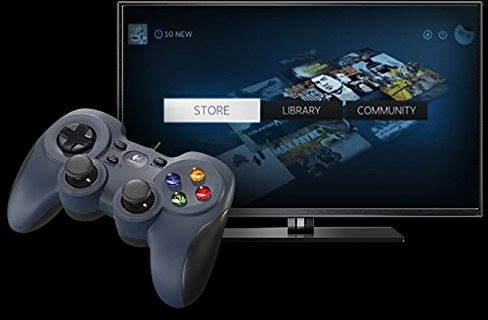 A game controller with a TV screen displaying games. The controller is in the foreground.