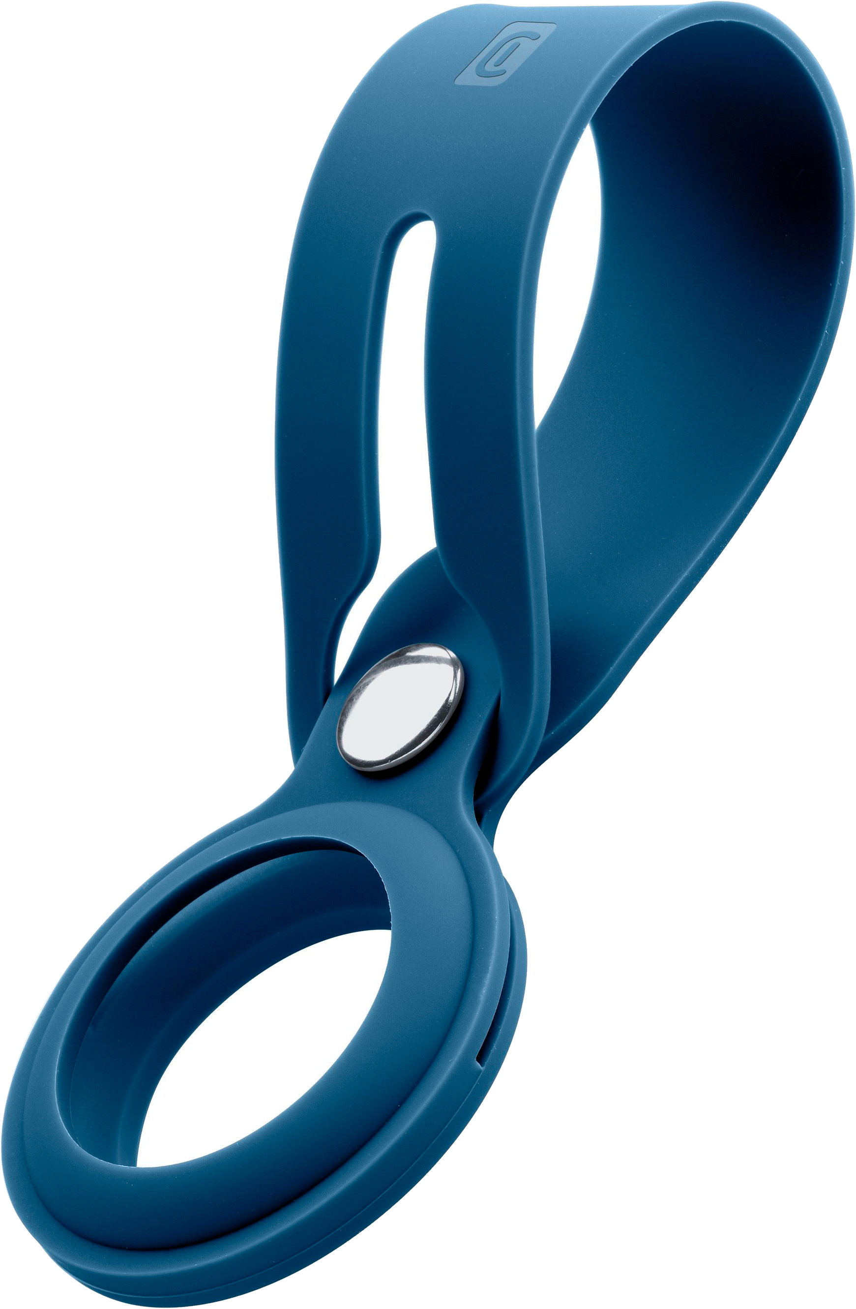 Accessoire de boucle en silicone bleu avec un bouton en métal pour attacher aux objets.