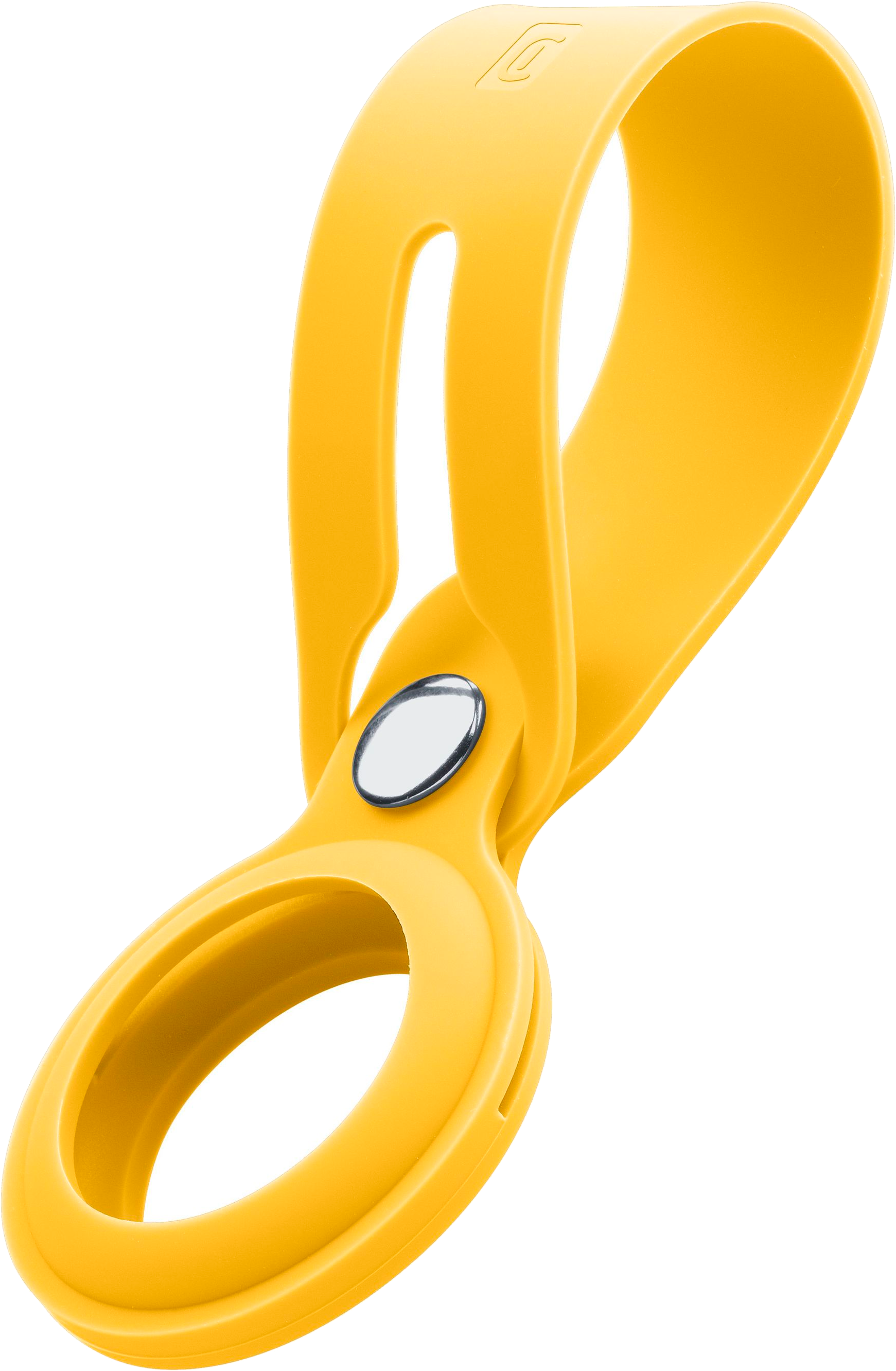Support AirTag jaune. C'est un objet en forme de boucle avec un bouton et un petit trou.