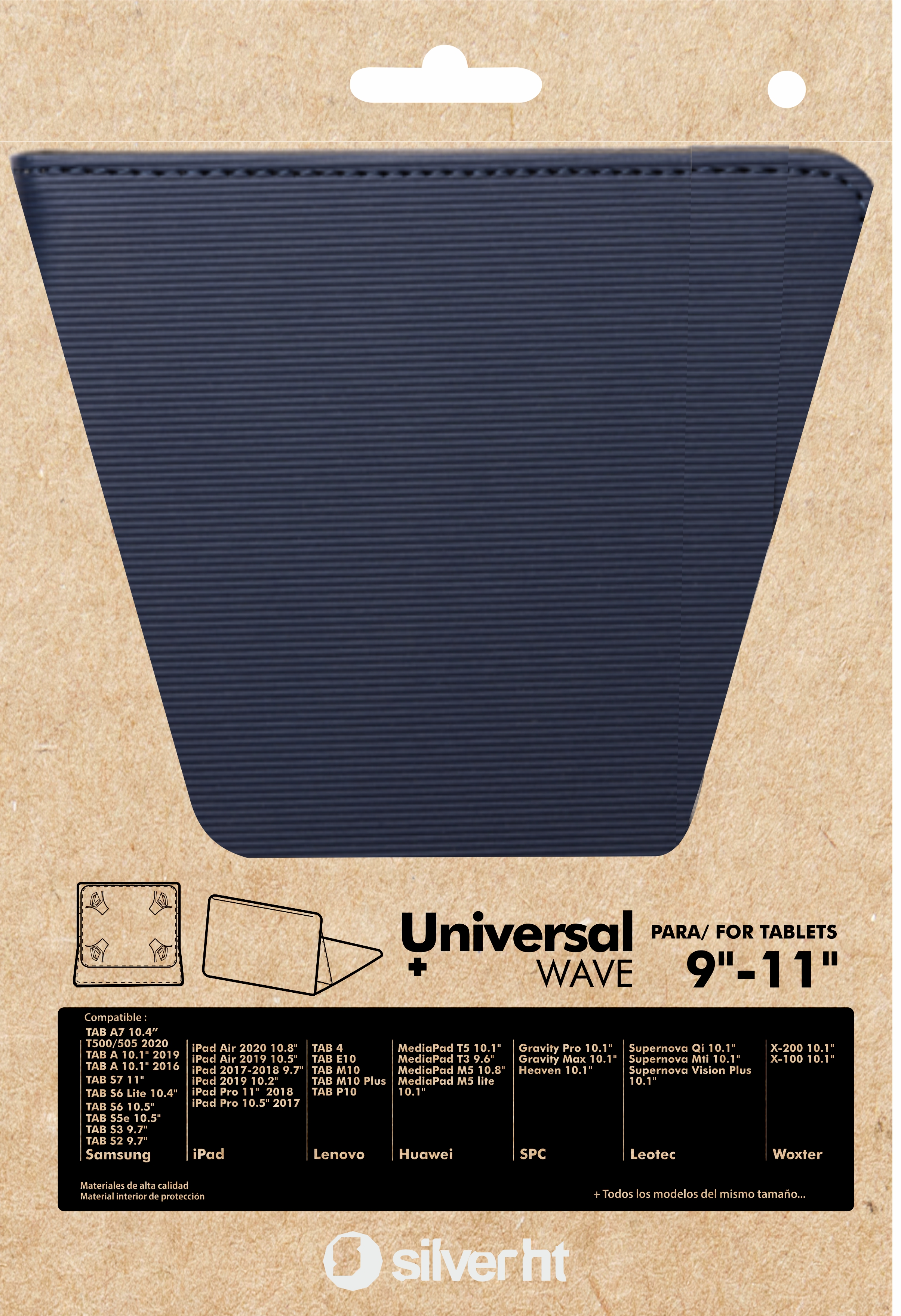 Embalaje de la funda de la tableta con información del producto.