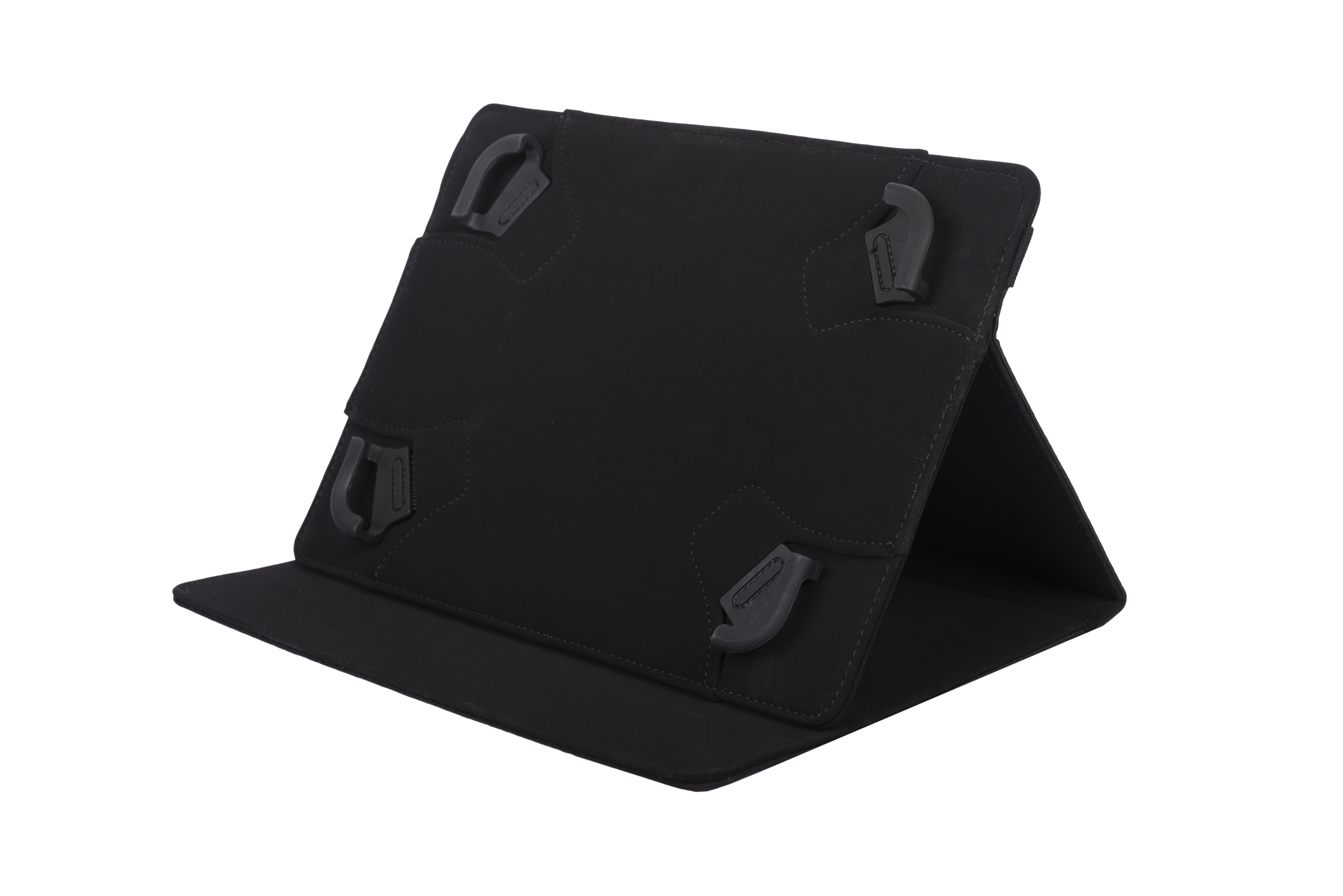 Funda de tableta negra sobre una superficie blanca. La funda está abierta y en ángulo. Fondo blanco.