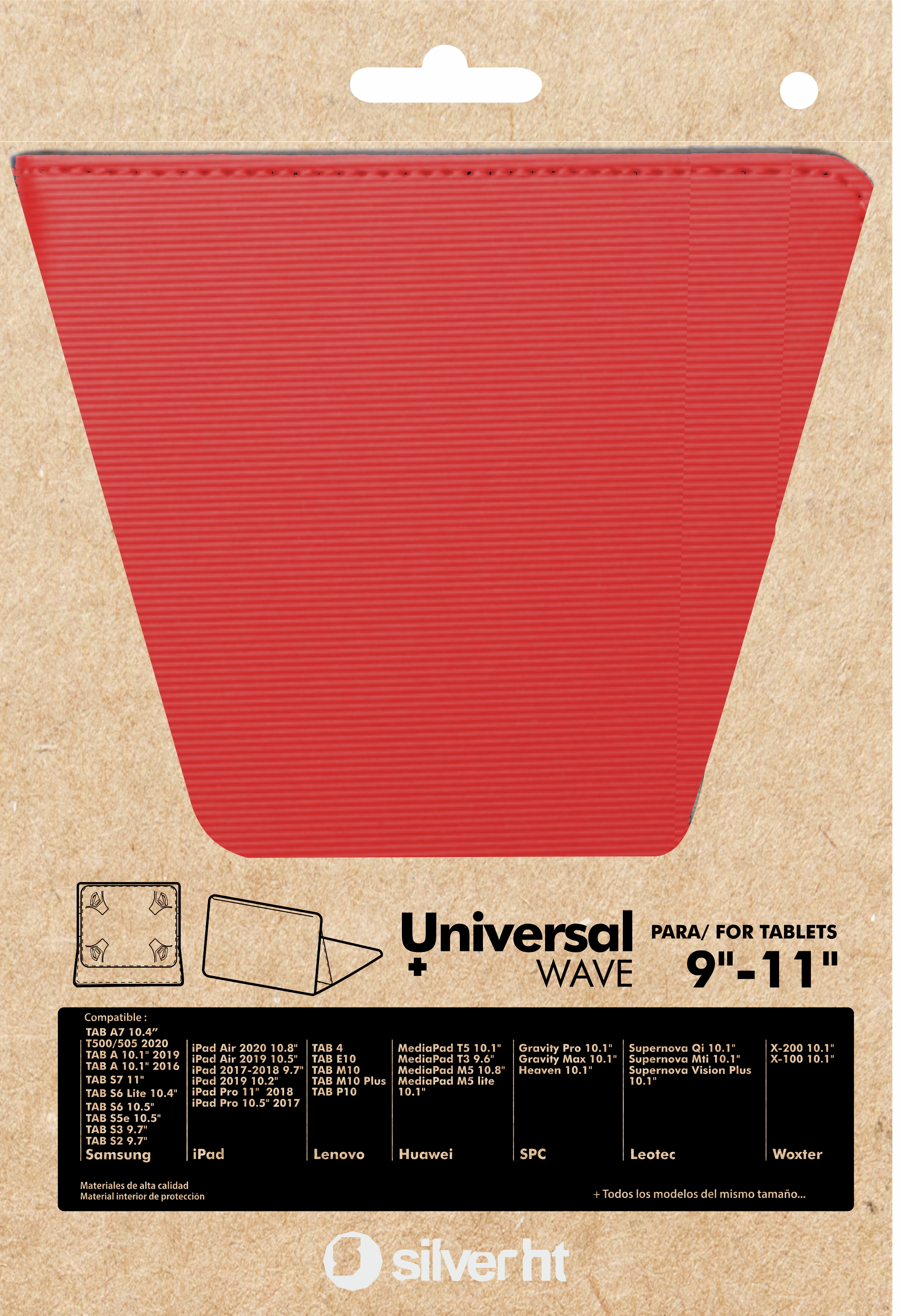 Funda roja para tableta con una lista de dispositivos compatibles y la marca Silverht.