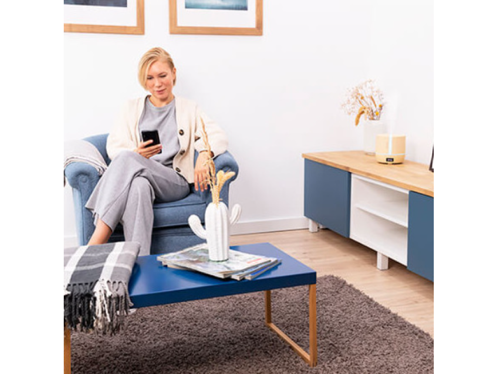 Mujer en sala, sentada en sillón azul, mirando su teléfono. Mesa azul, alfombra y gabinete también a la vista.