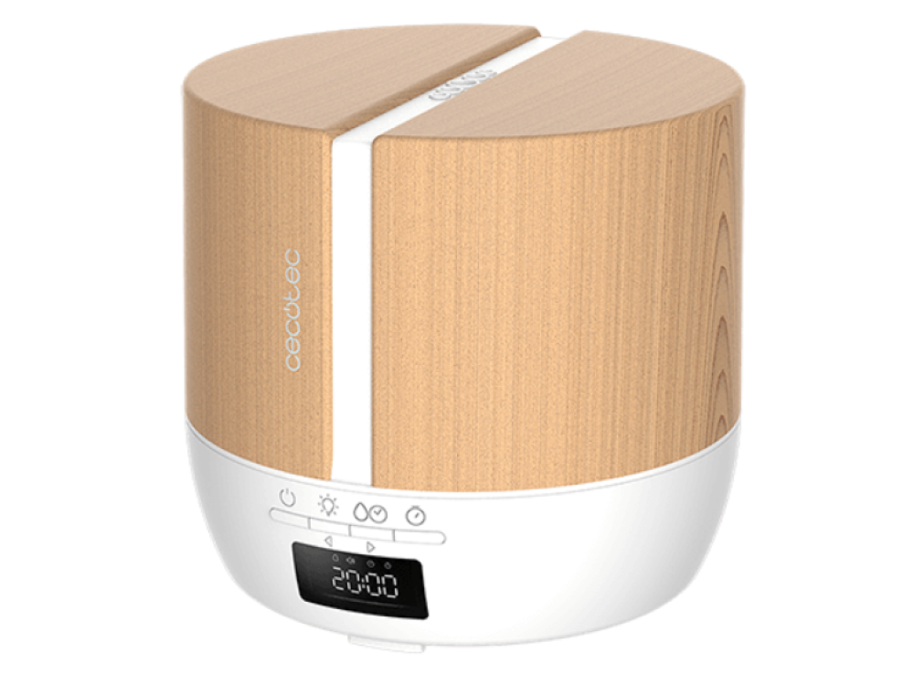 Purificador de aire con paneles de madera y pantalla digital en la base.