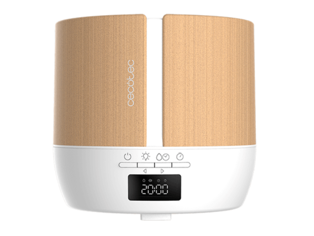 Un humidificador blanco y marrón con una pantalla digital que muestra 20:00 y un panel de control.