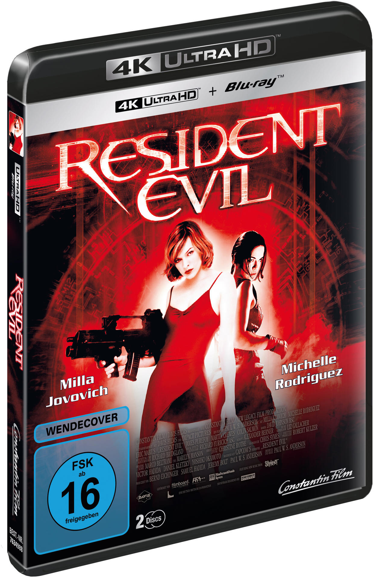 Resident Evil Film-DVD-Cover mit Milla Jovovich und Michelle Rodriguez mit rotem Hintergrund.