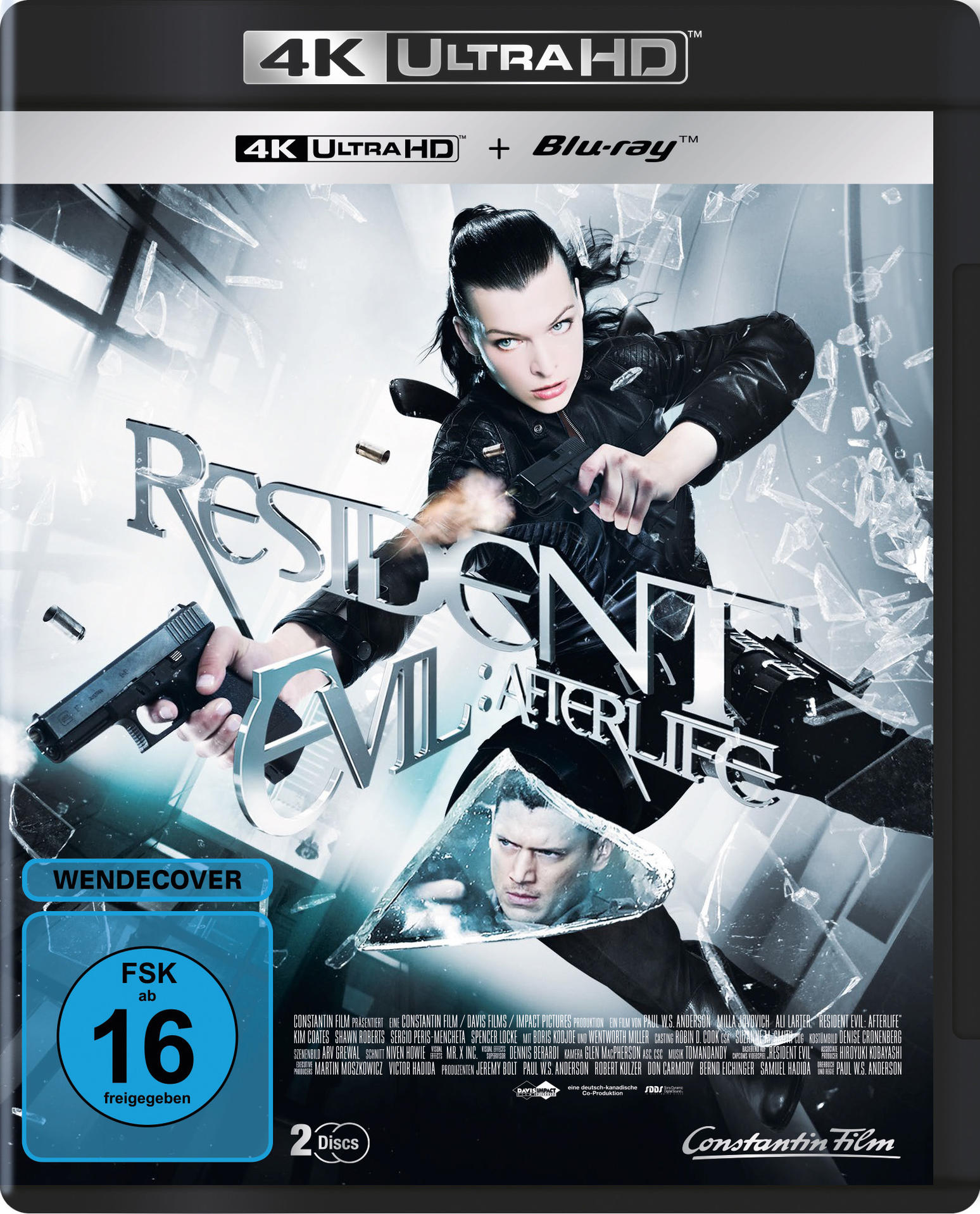 DVD-Cover für 'Resident Evil: Afterlife' mit Milla Jovovich, die Waffen hält, Action-Szene.
