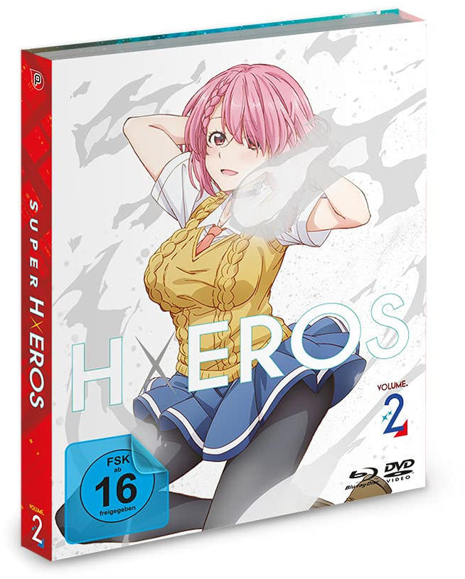 Die Hülle eines DVD-Sets von Super Hxeros Band 2. Eine Frau mit rosa Haaren ist auf dem Cover abgebildet.
