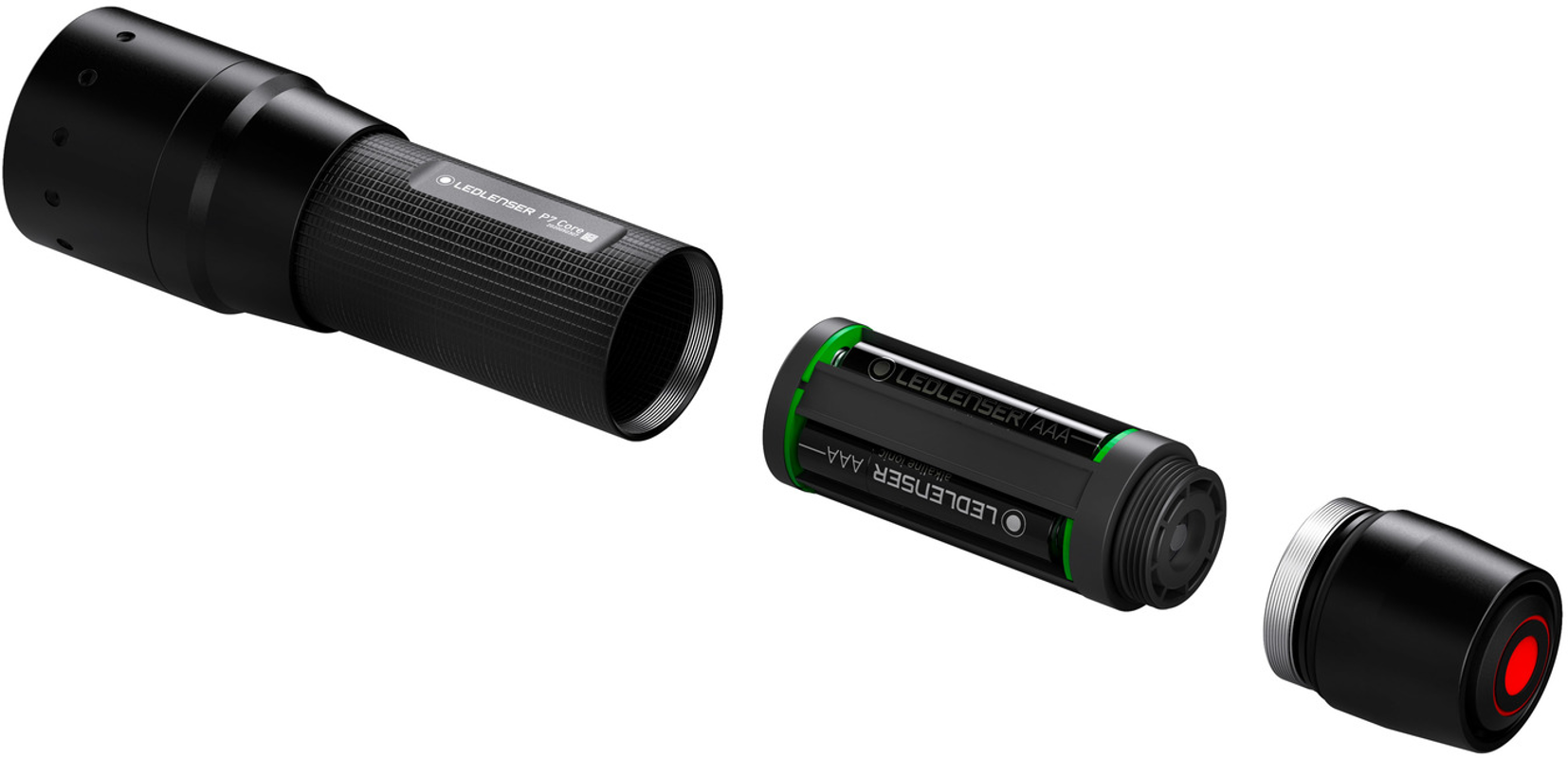 Torcia nera smontata, che mostra parti interne e batterie.