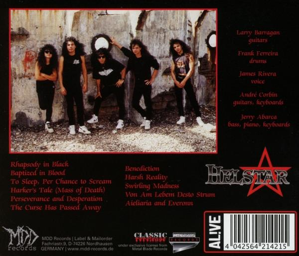 Rückseite des Albums 'Rhapsody in Black' von Helstar, mit Bandmitgliedern, Titelliste und Credits.