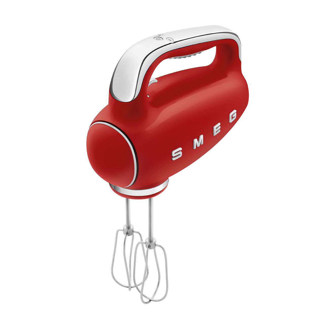 Ein roter Handmixer mit weißem Griff und silbernen Rührbesen. Das Wort SMEG steht auf der Vorderseite.