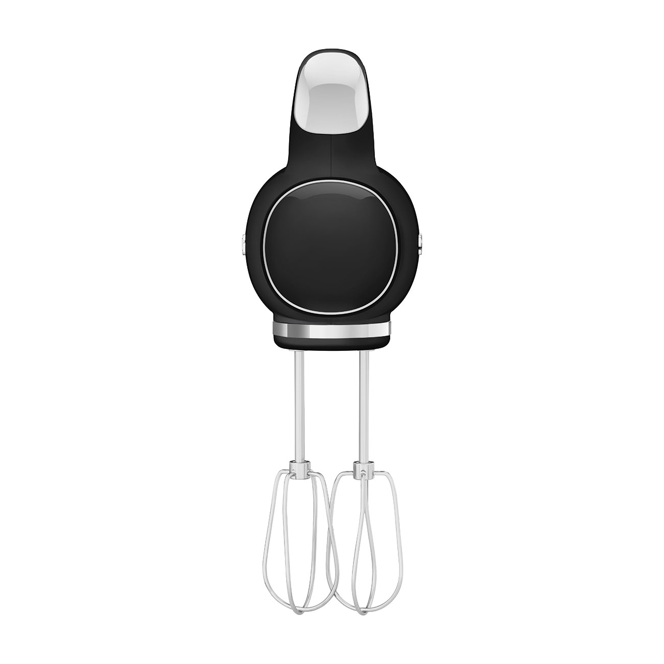 Draufsicht auf einen schwarz-silbernen Handmixer mit angebrachten Rührbesen.