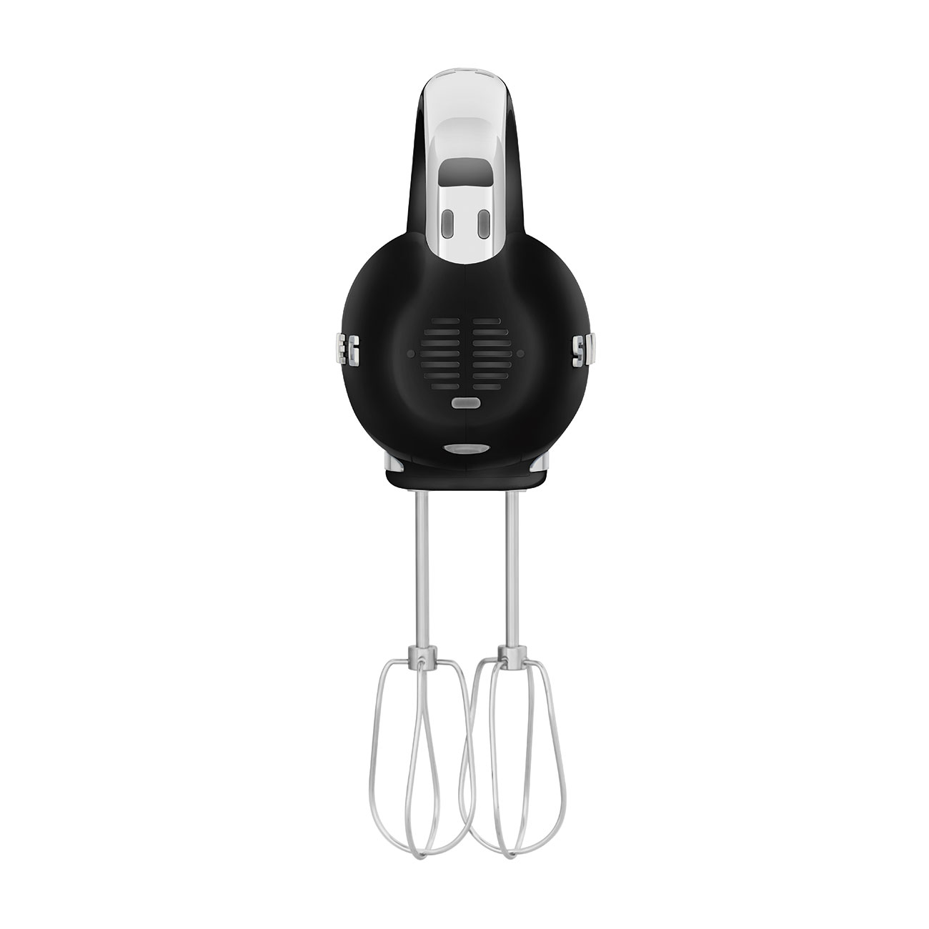 Schwarz-weißer Handmixer, Draufsicht. Der Mixer hat zwei Rührbesen.