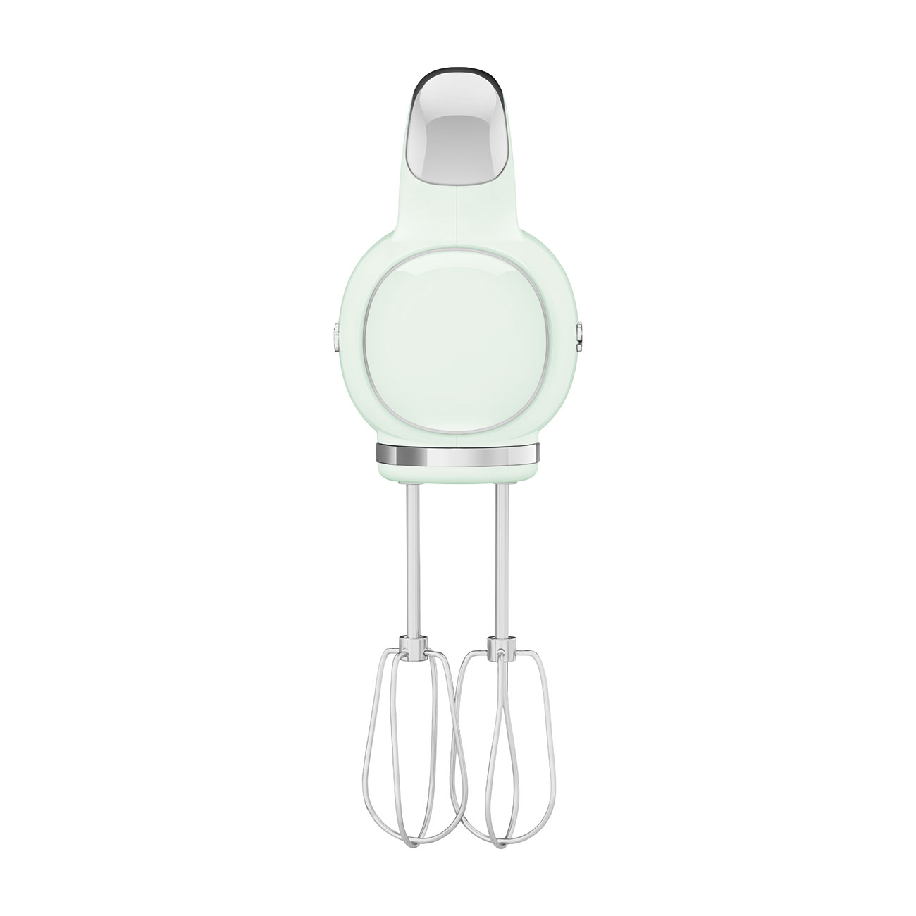 Ein mintgrüner Handmixer auf weißem Hintergrund. Er hat einen abgerundeten Körper, einen Griff und zwei Drahtschläger.