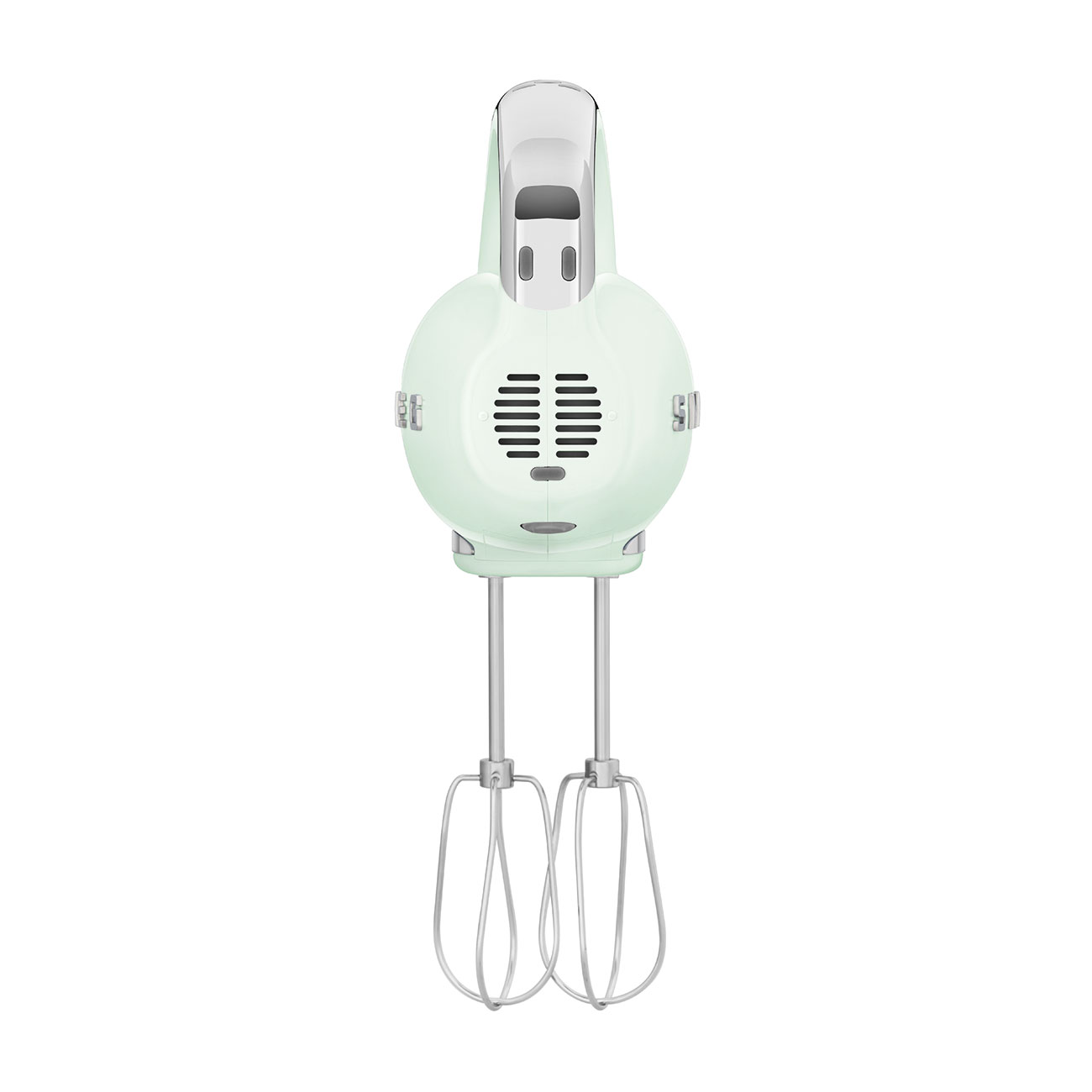 Ein hellgrüner Handmixer mit weißem Oberteil, silbernen Rührbesen und einer Reihe horizontaler Linien in der Mitte.