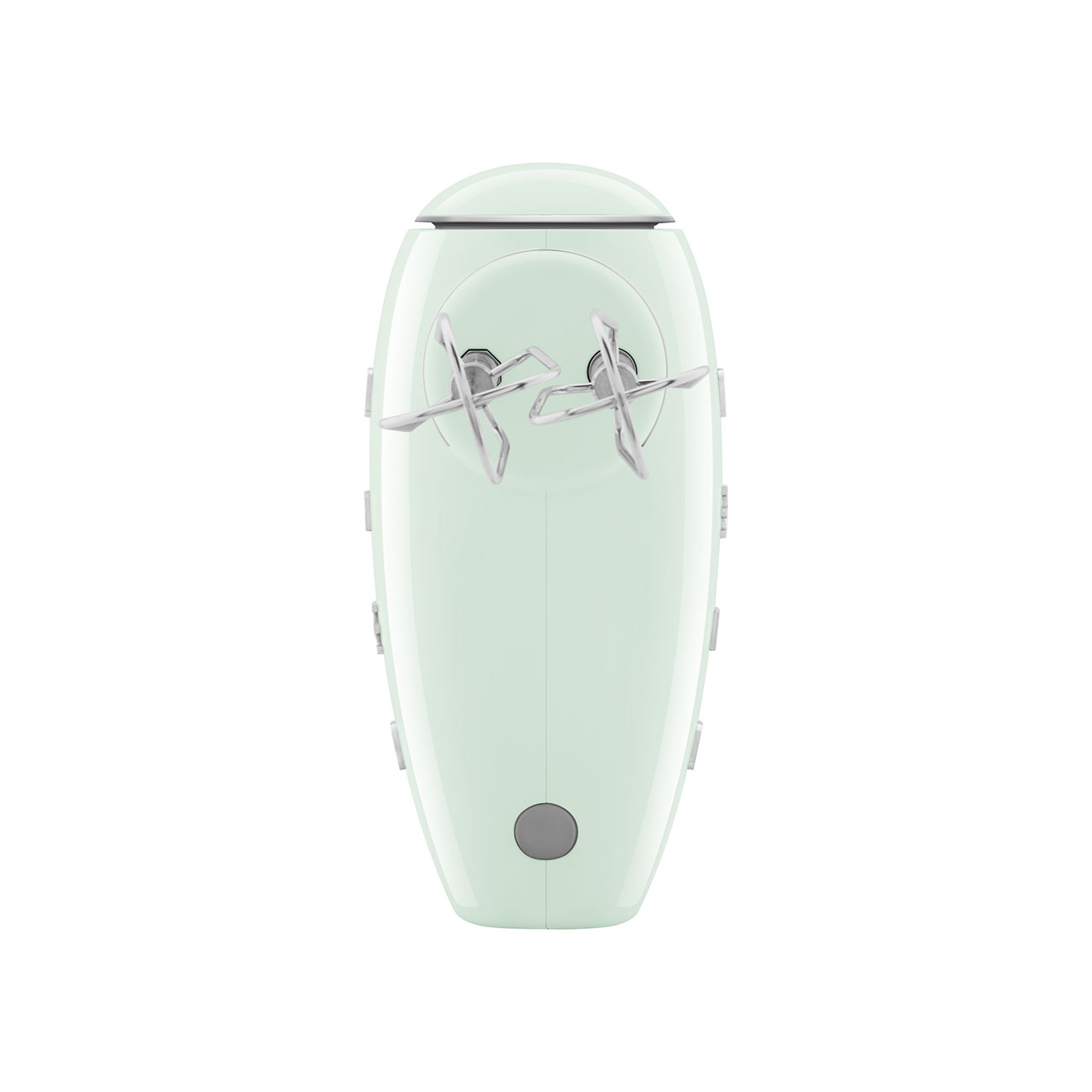 Minzgrüner Handmixer mit zwei Rührbesen, auf weißem Hintergrund.