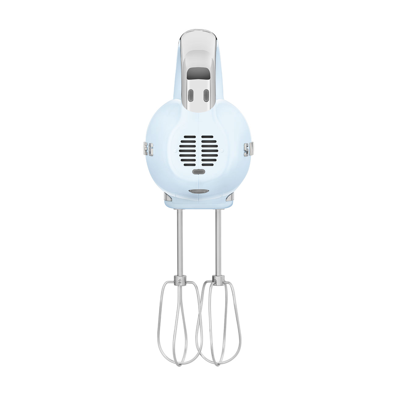 Ein hellblauer Handmixer mit zwei Drahtquirlen. Der Mixer hat einen abgerundeten Körper und einen weißen Griff, vor weißem Hintergrund.