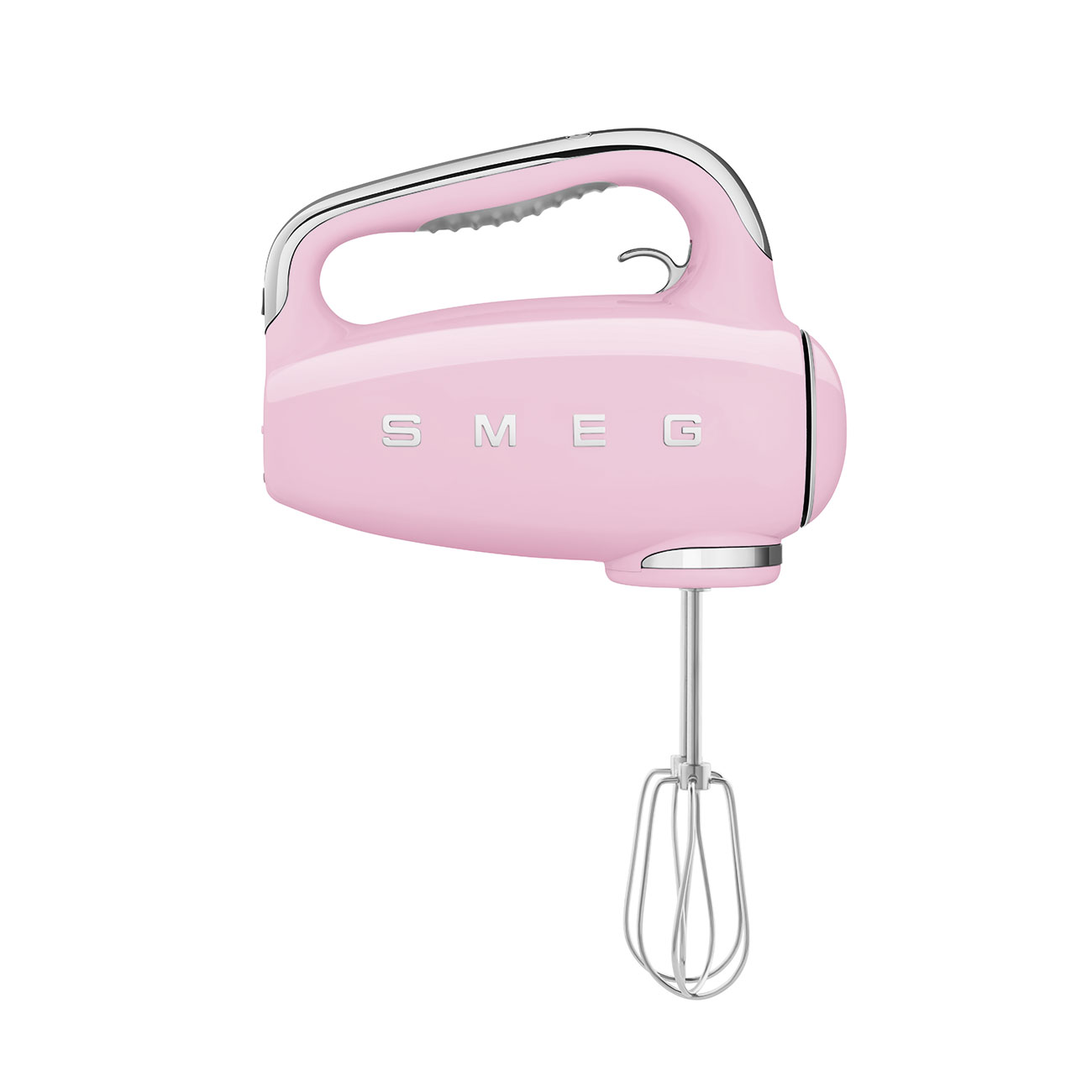Rosa Handmixer mit silbernen Akzenten und Schneebesen-Aufsatz.