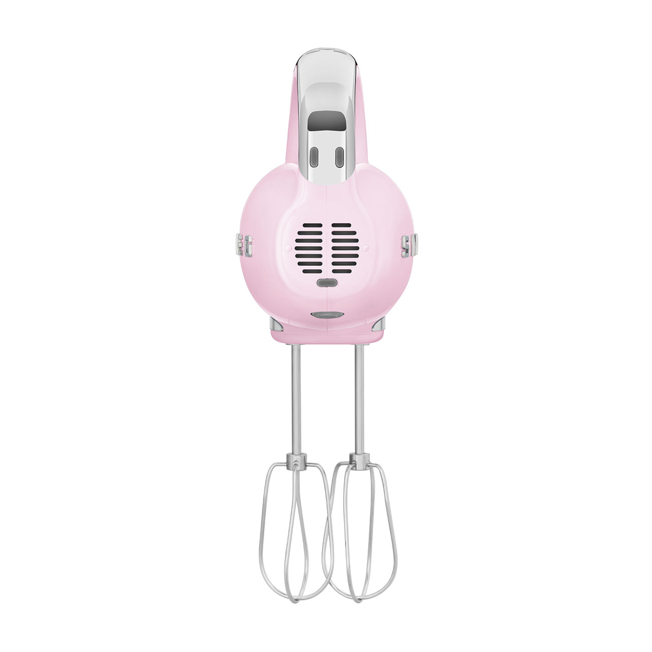 Ein rosa Handmixer, von oben betrachtet, mit nach unten gerichteten Rührbesen.
