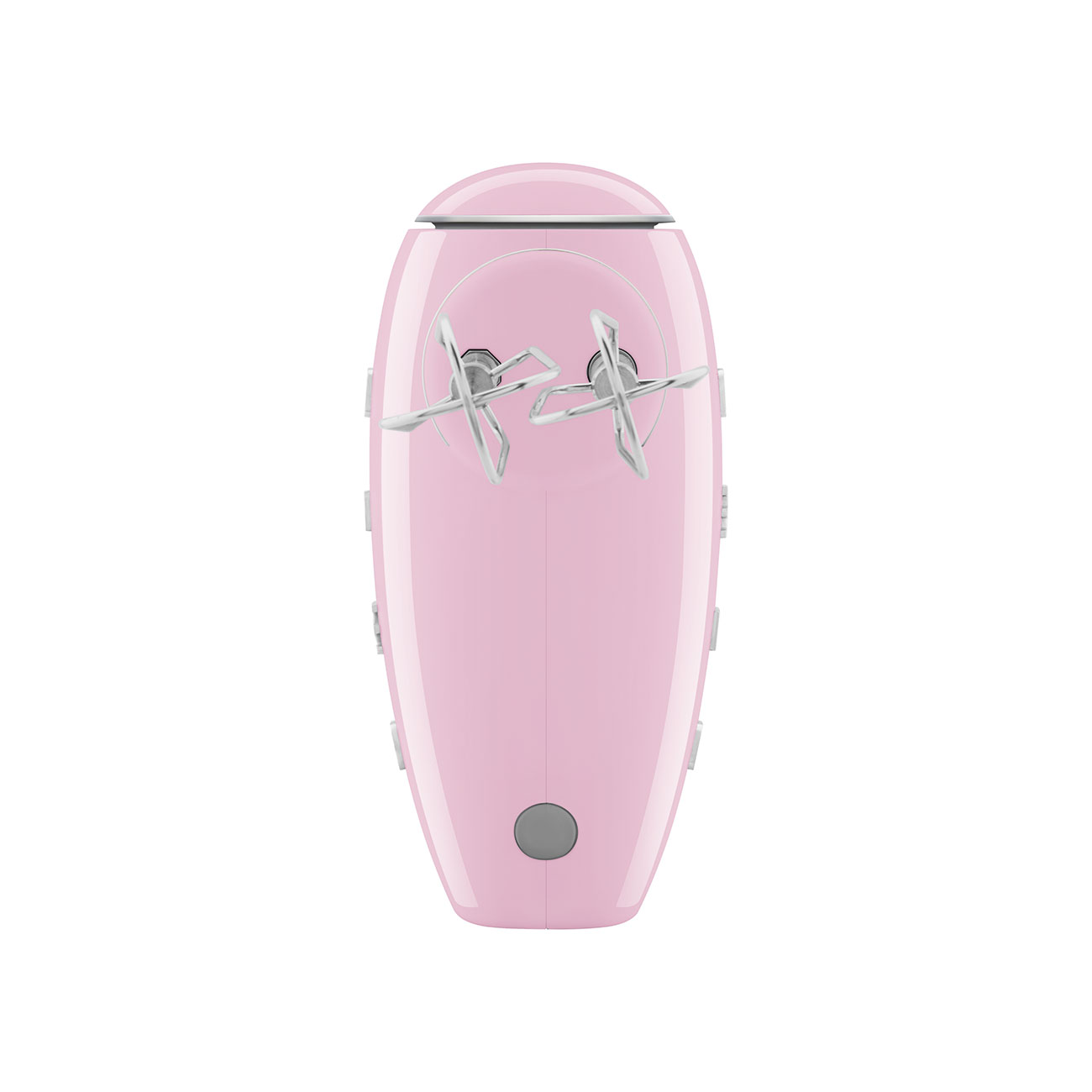 Rosa Handmixer. Ovale Form mit zwei silbernen Rührbesen, kleinem grauen Knopf und mehreren grauen Knöpfen.