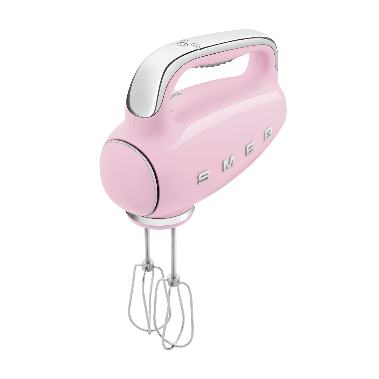 Rosa Smeg-Handmixer mit Chromakzenten, nach oben gerichtet.