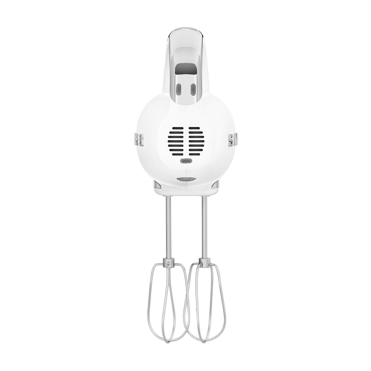 Ein weißer Handmixer mit zwei Rührbesen. Draufsicht. Der Mixer hat eine abgerundete Form.