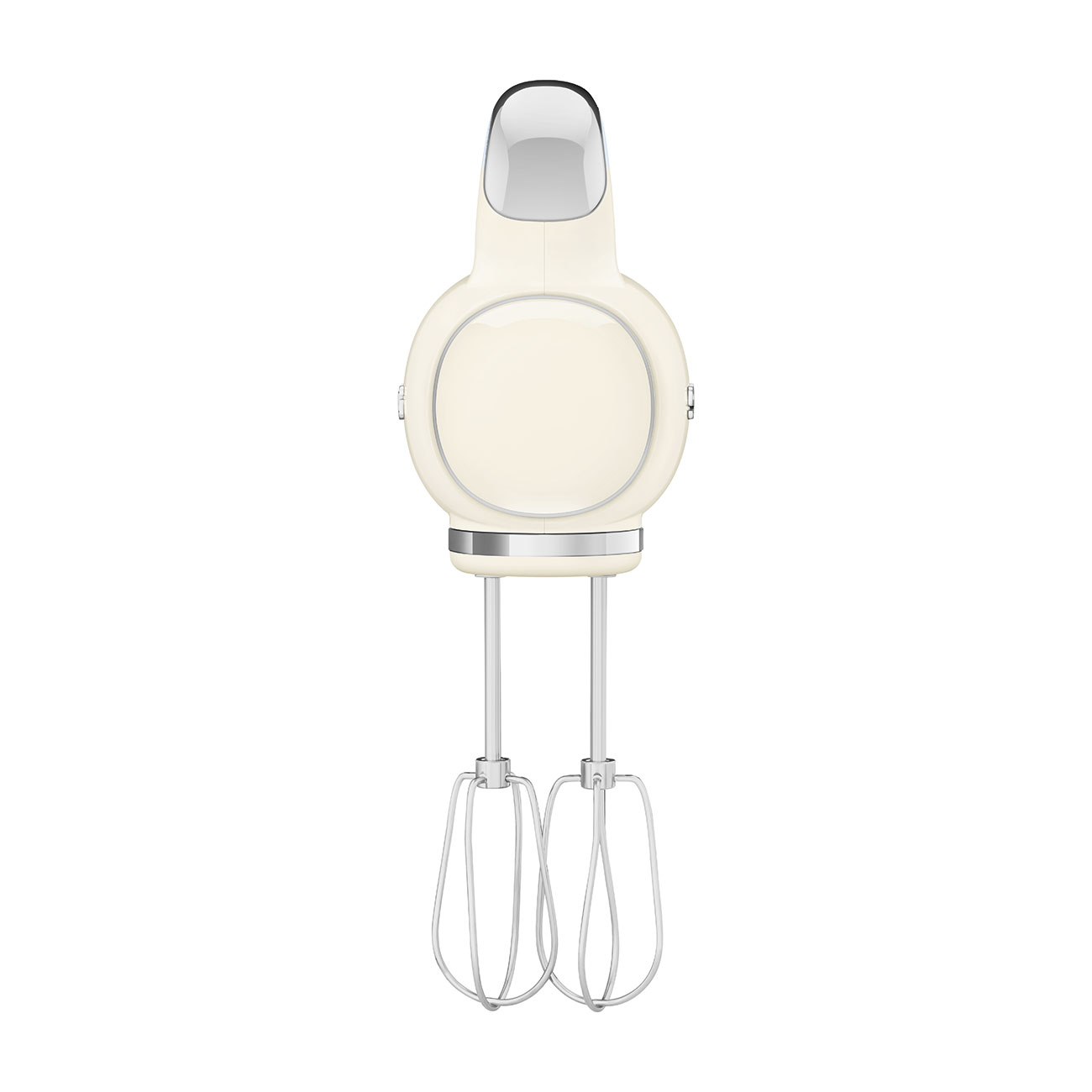 Ein cremefarbener Handmixer. Es hat ein Retro-Design mit Chromakzenten.