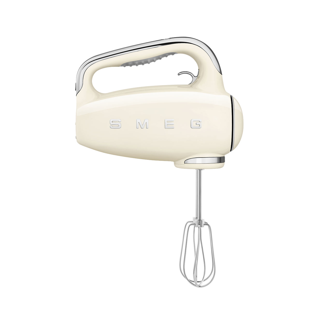Cremefarbener Handmixer mit Chromdetails und dem Wort SMEG.