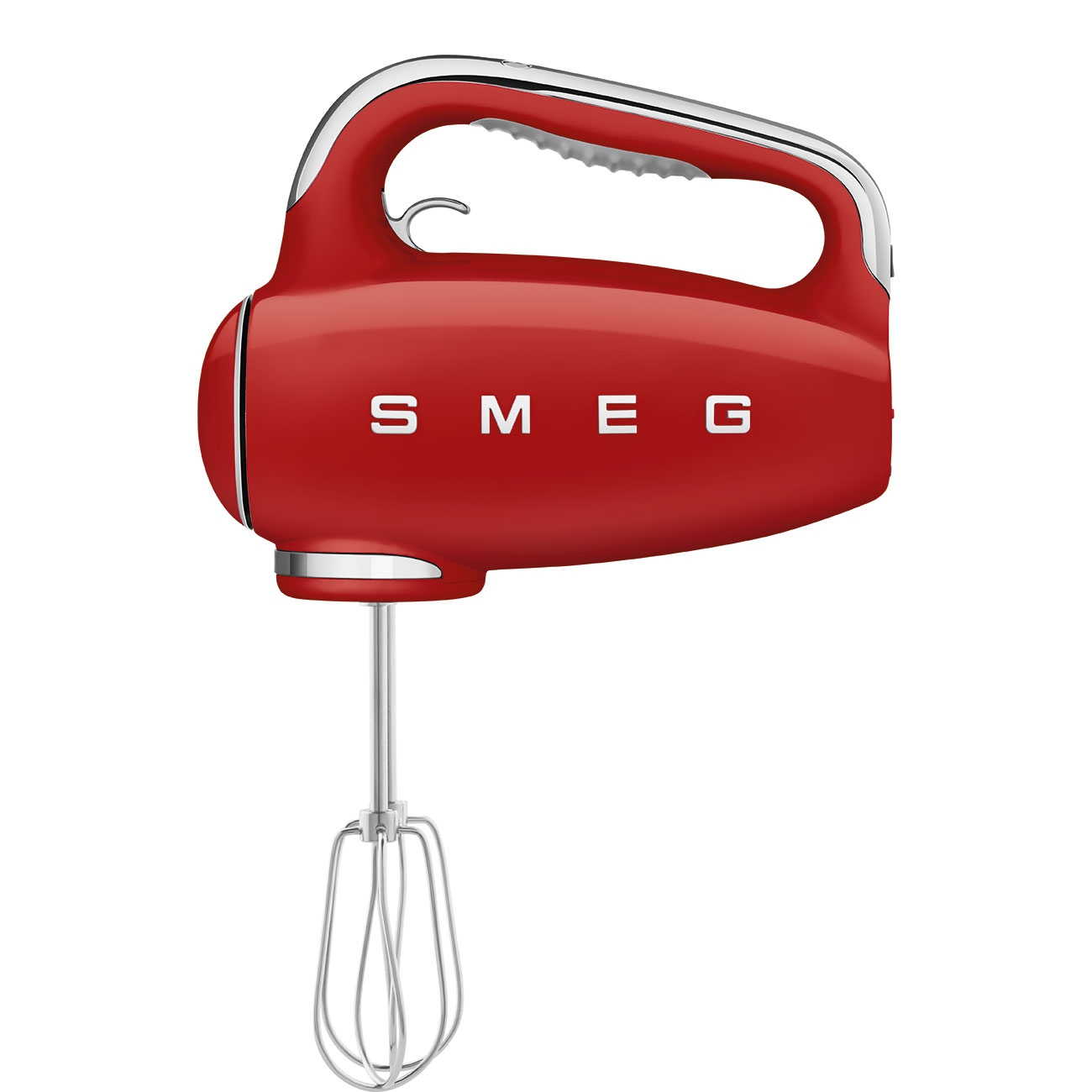 Ein roter Smeg-Handmixer mit einem Chrom-Schläger.