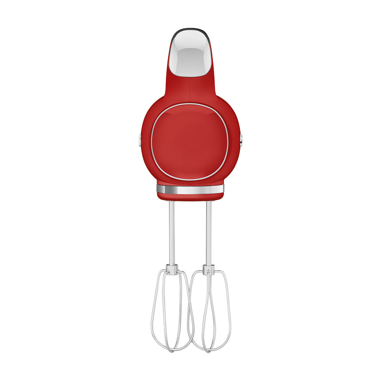 Roter Handmixer, Draufsicht, Chromrührer, weißer Hintergrund.