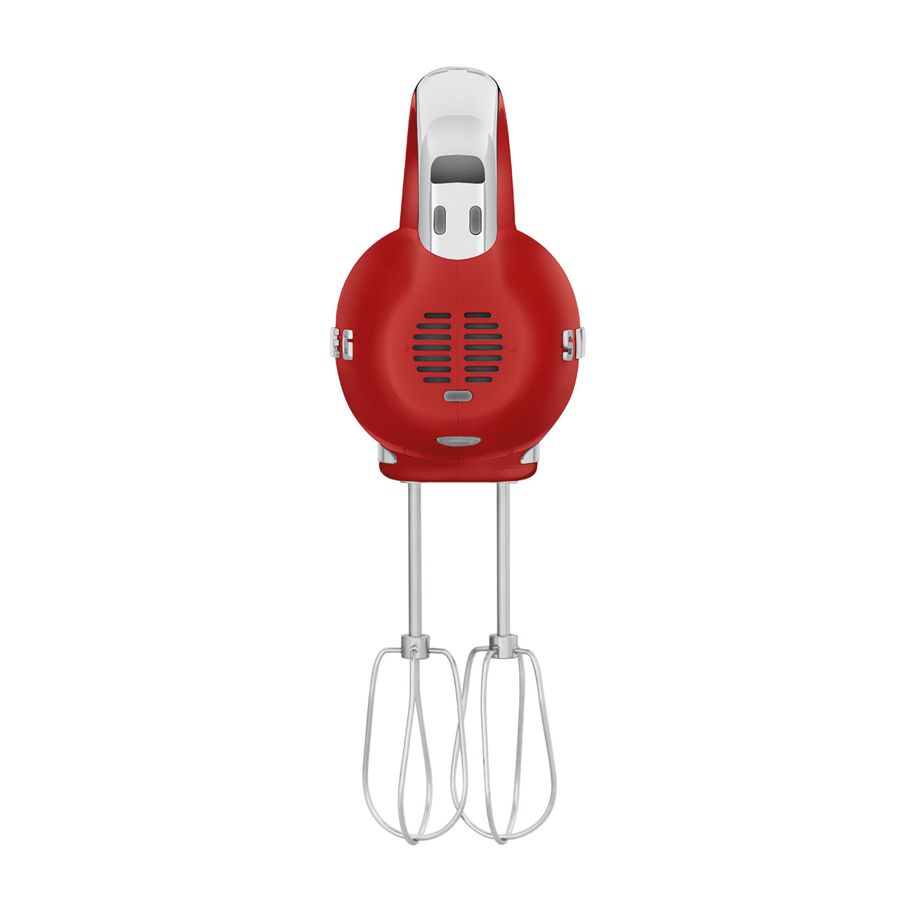 Roter Handmixer mit weißen Akzenten, von oben gesehen, mit den Rührbesen im Fokus.