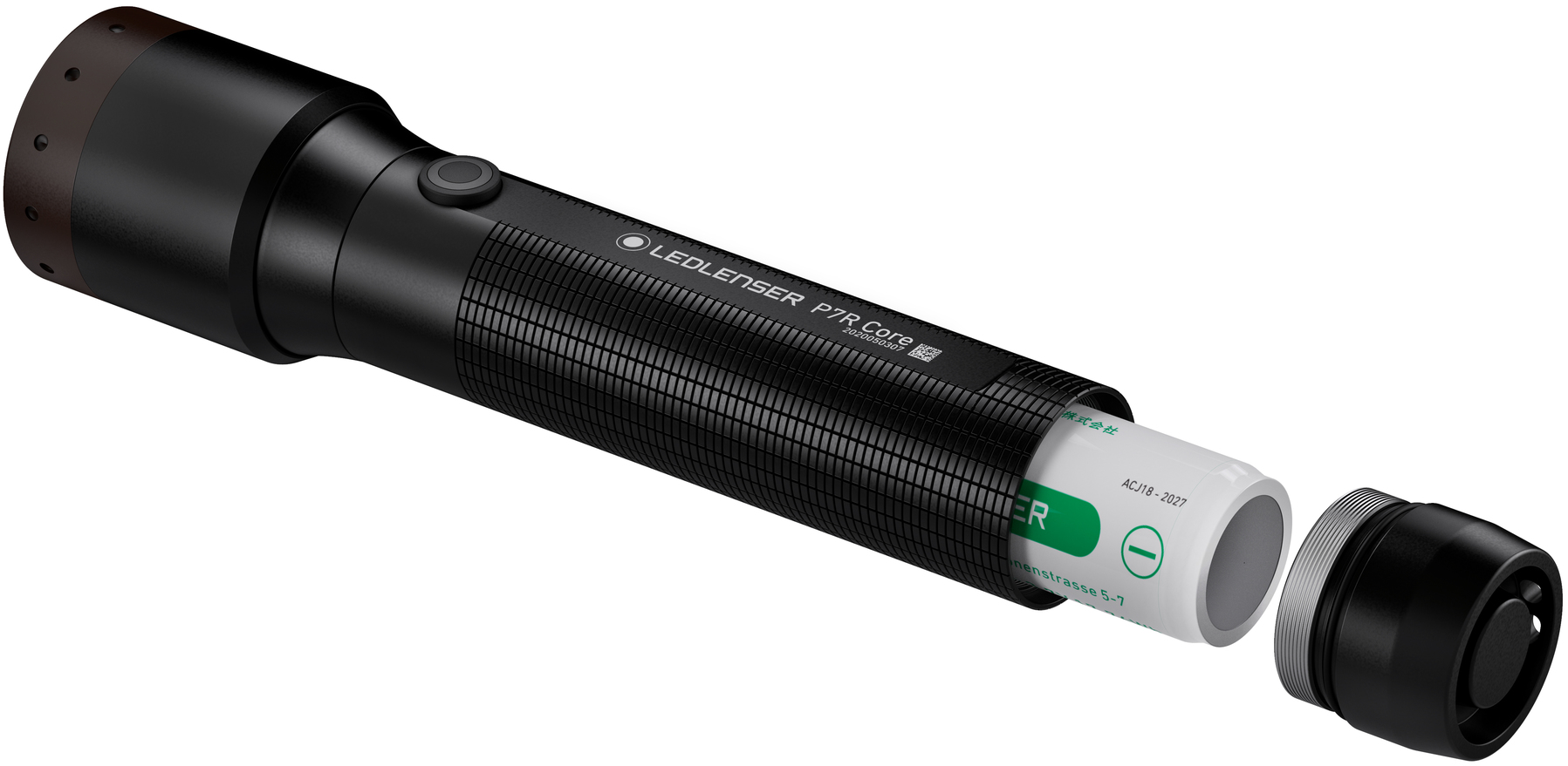 Schwarze Taschenlampe mit geöffnetem Batteriefach, das eine Batterie zeigt.