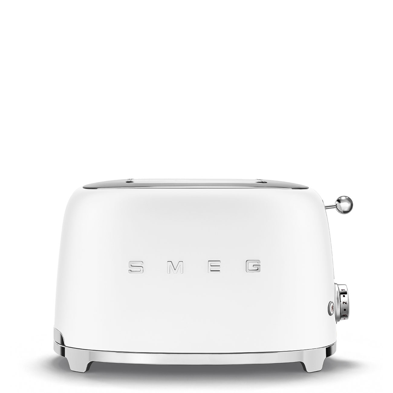 Weißer Toaster mit Chromakzenten. Das Wort SMEG wird angezeigt.