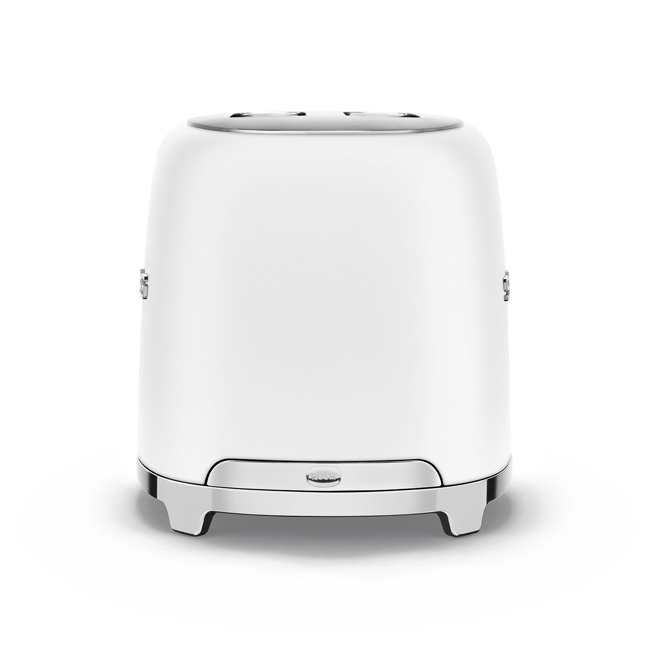 Ein weißer Toaster. Er hat einen silbernen Sockel und einen Schlitz für das Brot.