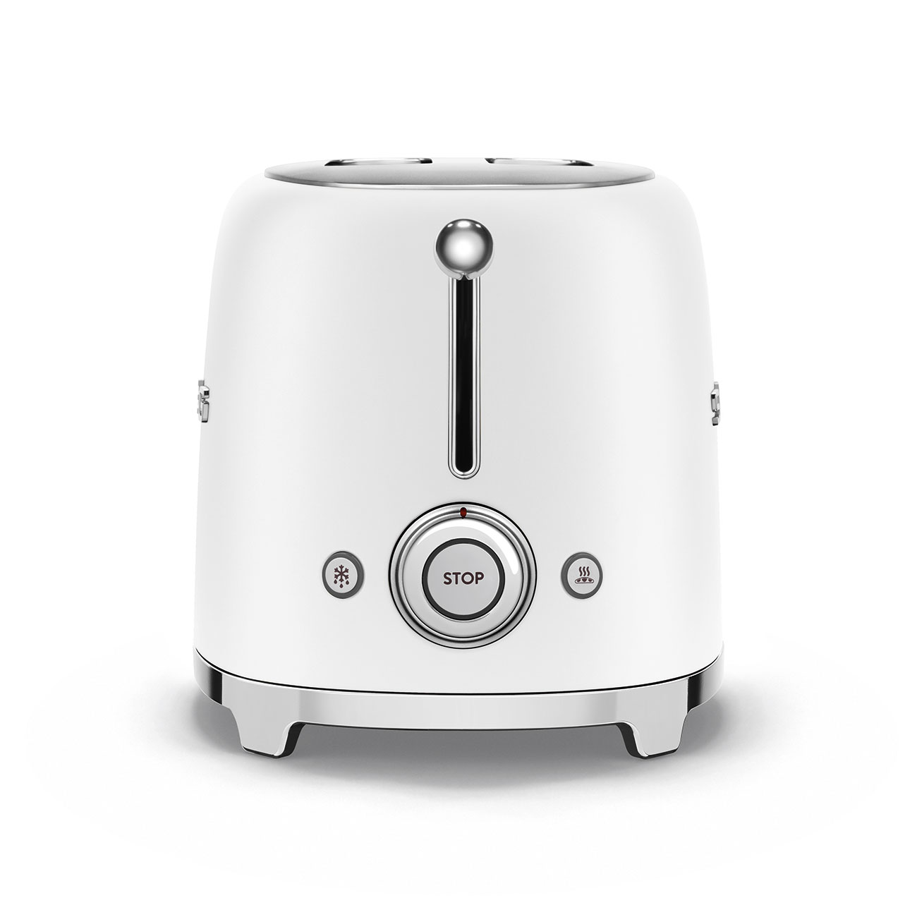 Weißer Toaster mit silbernem Hebel und Stopptaste.
