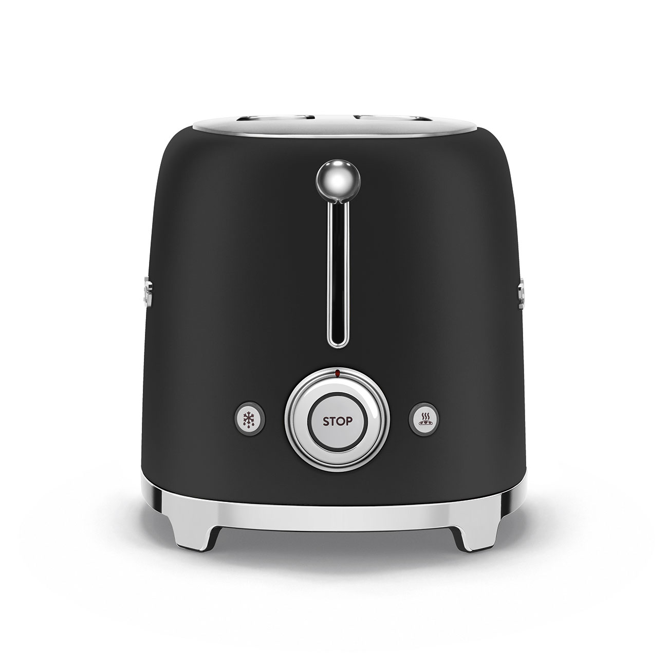 Schwarzer Toaster auf weißem Hintergrund. Silberakzente und Stopptaste. Zwei Schlitze sichtbar.