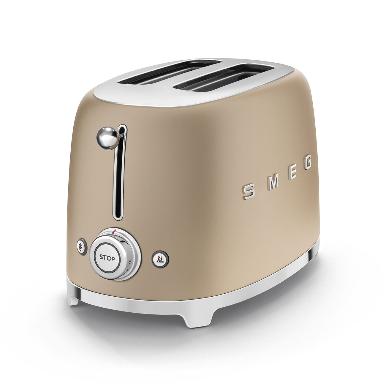 Ein beigefarbener SMEG-Toaster mit zwei Schlitzen. Er hat einen silbernen Hebel, eine Stopptaste und eine Warmhaltetaste.