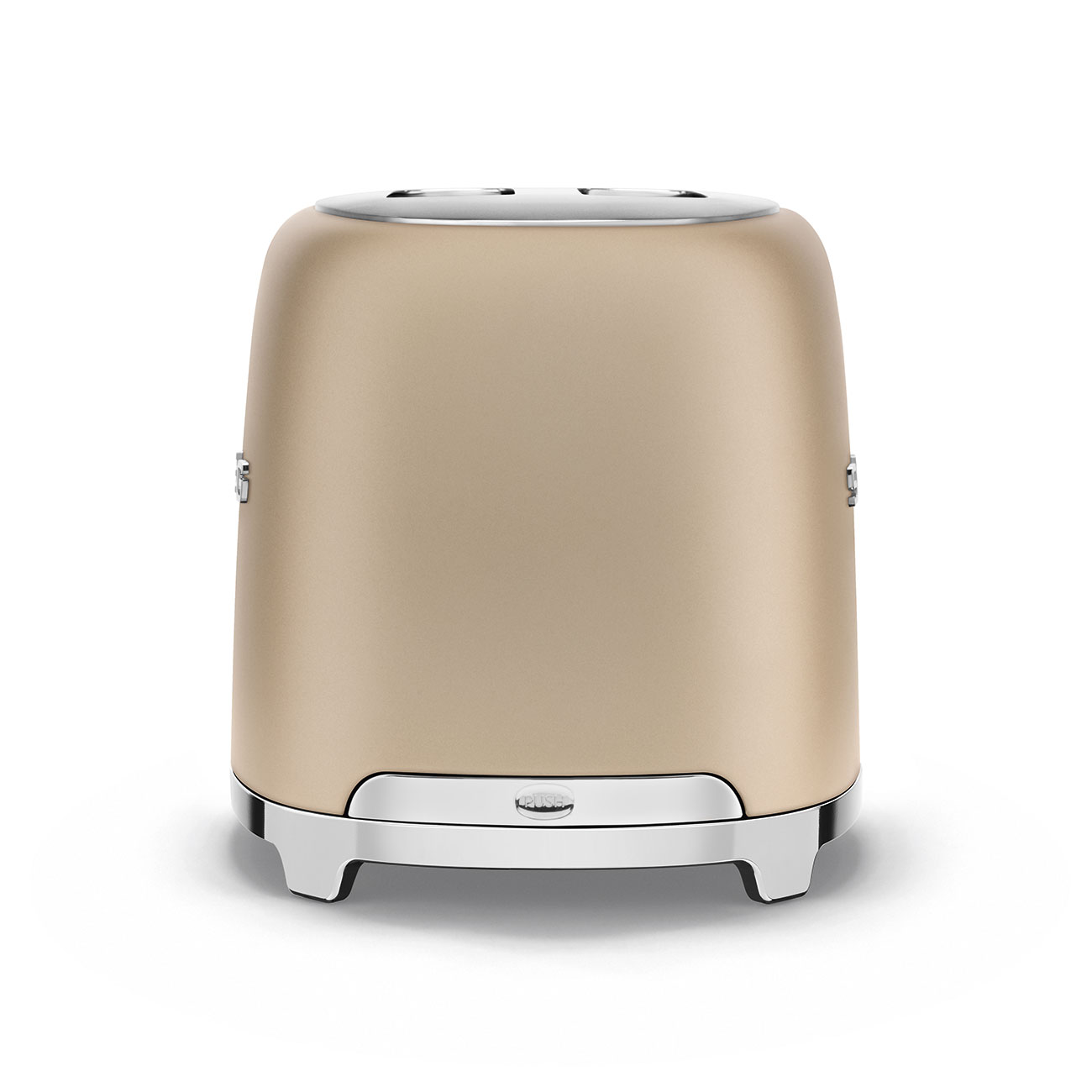 Ein beiger Toaster auf einer weißen Oberfläche. Er hat einen Chromsockel und -oberteil mit Schlitzen für Brot. Auf der Vorderseite befindet sich ein Knopf.