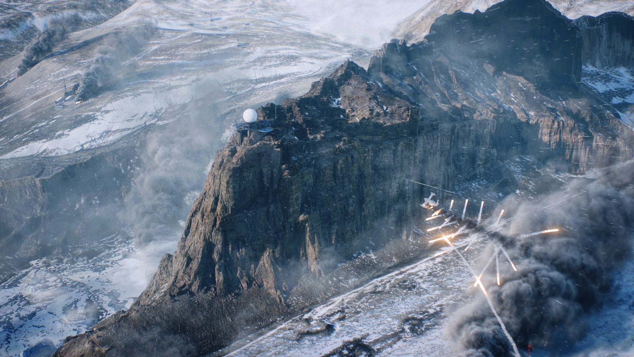 Een berglandschap met een vestingachtige structuur op een klif, en explosies in de lucht. Er ligt sneeuw.