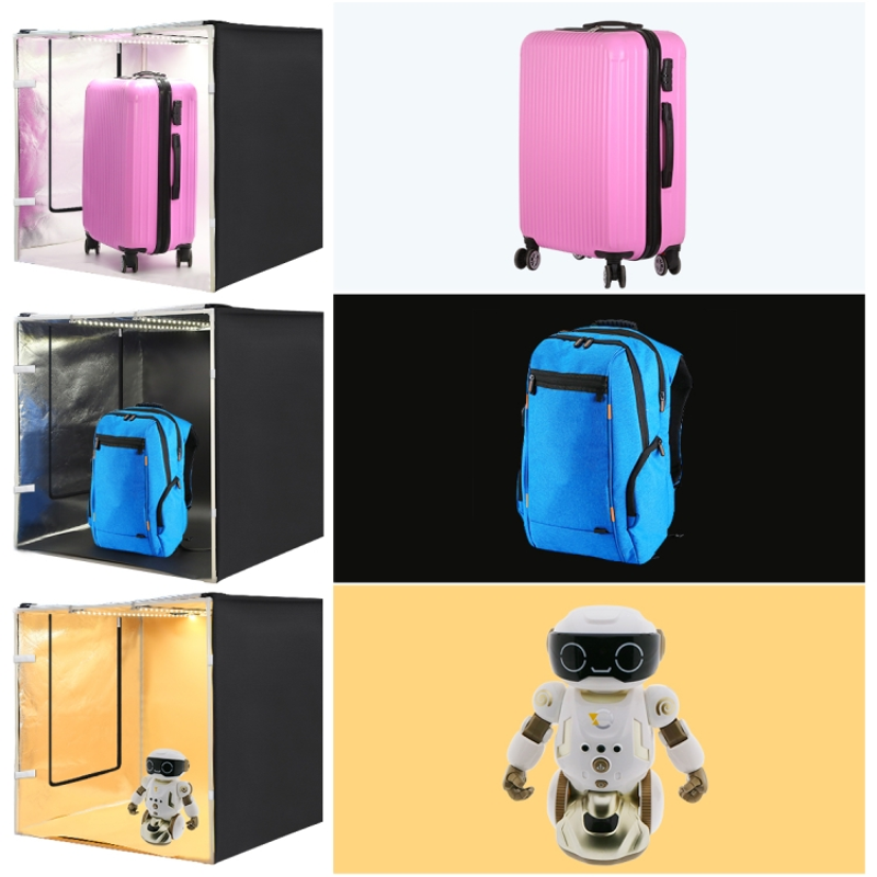 Un collage d'images avec des bagages, un sac à dos et un robot.