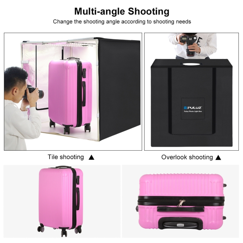 Configuration de prise de vue multi-angles avec une valise rose à l'intérieur. Homme prenant une photo. Vues.