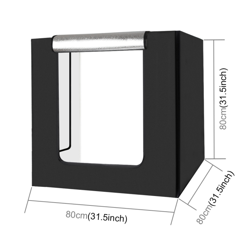 Boîte de studio photo noire avec intérieur blanc, dimensions étiquetées.