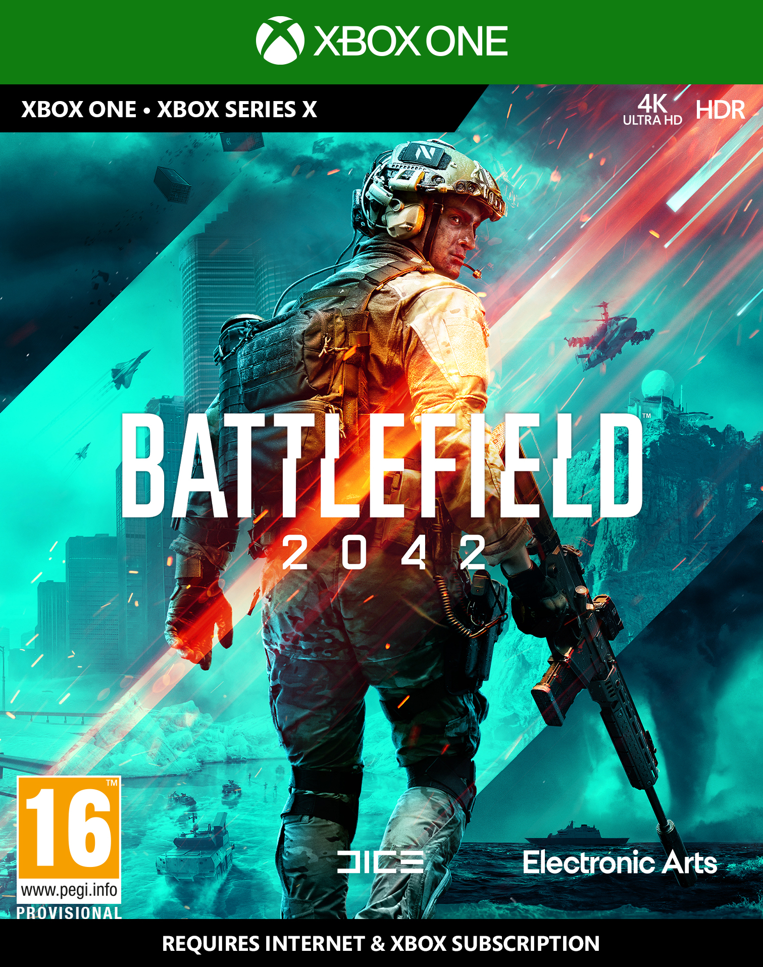 Gamecover voor Battlefield 2042. Soldaat in gevechtsuitrusting. Helikopters op de achtergrond.