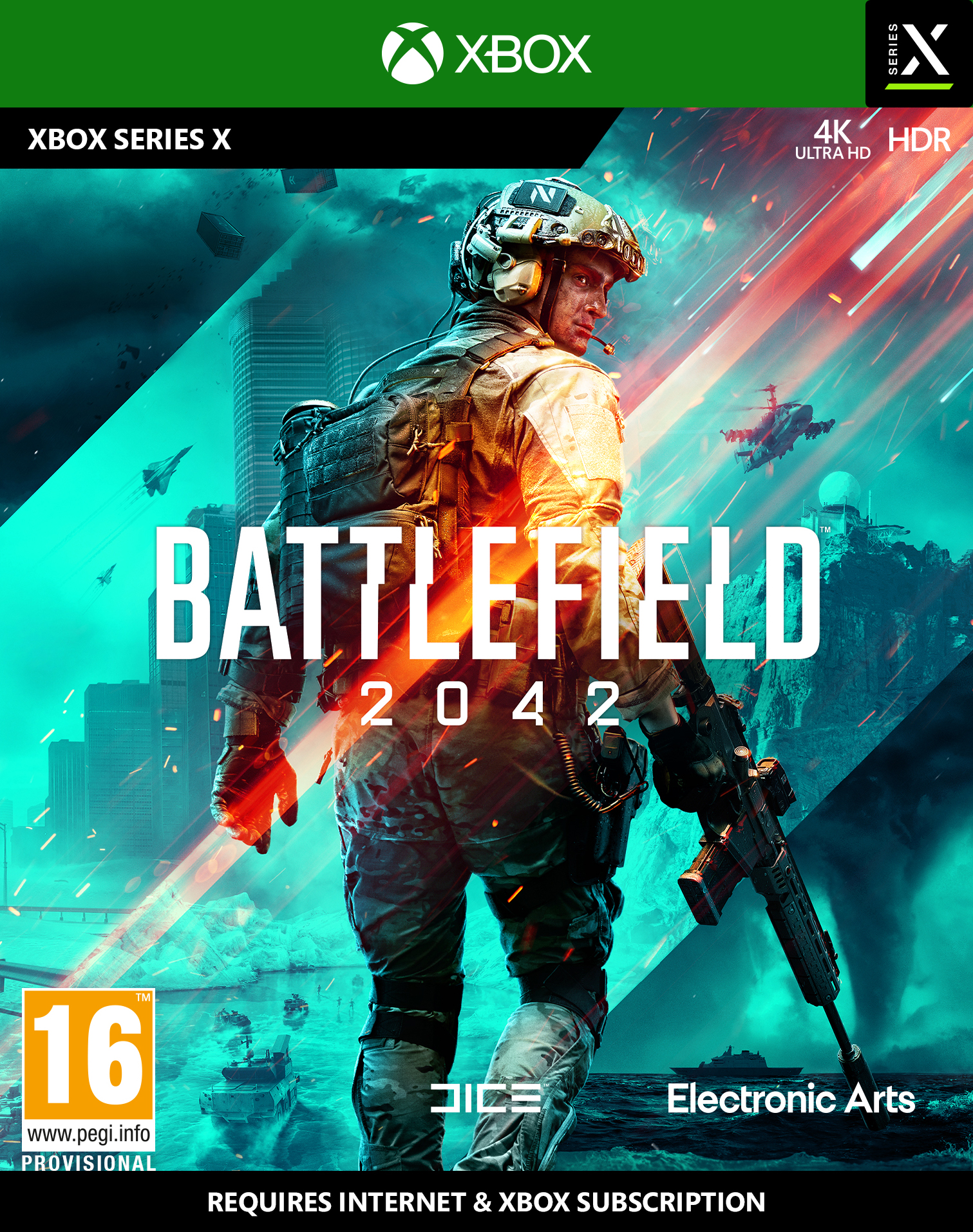 Gamebox voor Battlefield 2042, met een soldaat in een gevechtszone. De game is voor Xbox Series X.