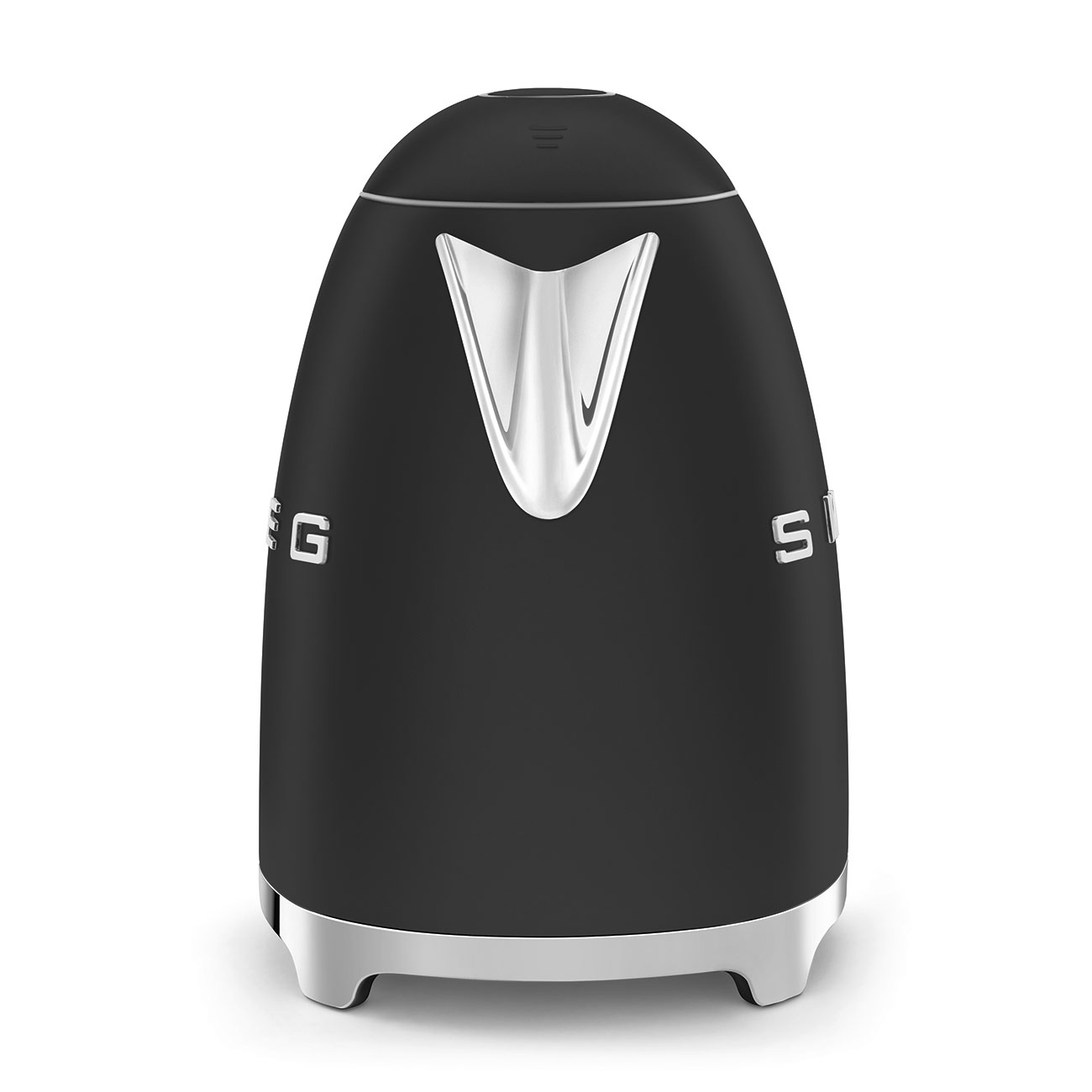 Schwarzer und silberner elektrischer Wasserkocher. Smeg-Logo ist auf der Seite sichtbar. Weißer Hintergrund.