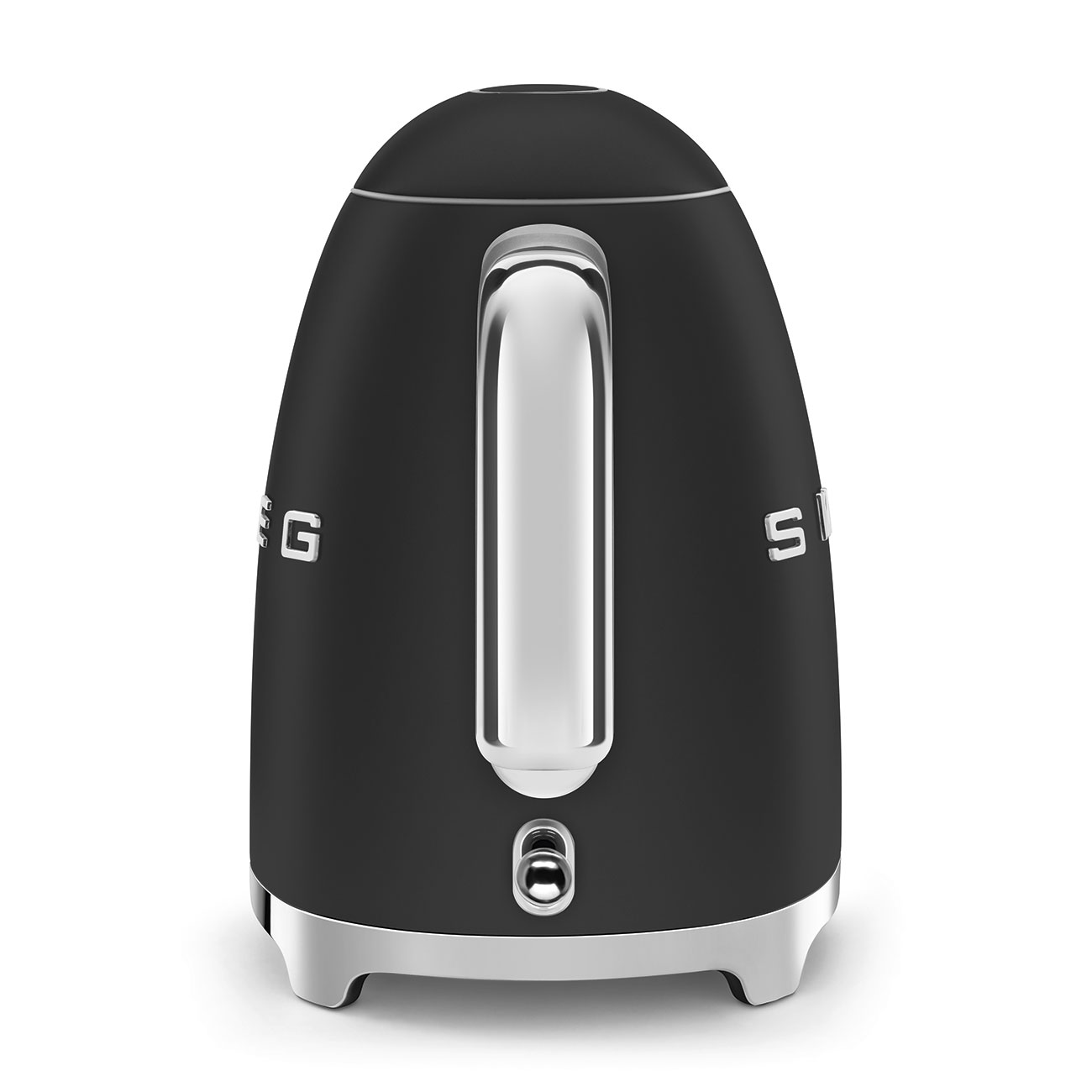 Schwarzer Smeg Wasserkocher mit Chromakzenten. Vorderansicht zeigt Boden und Griff.