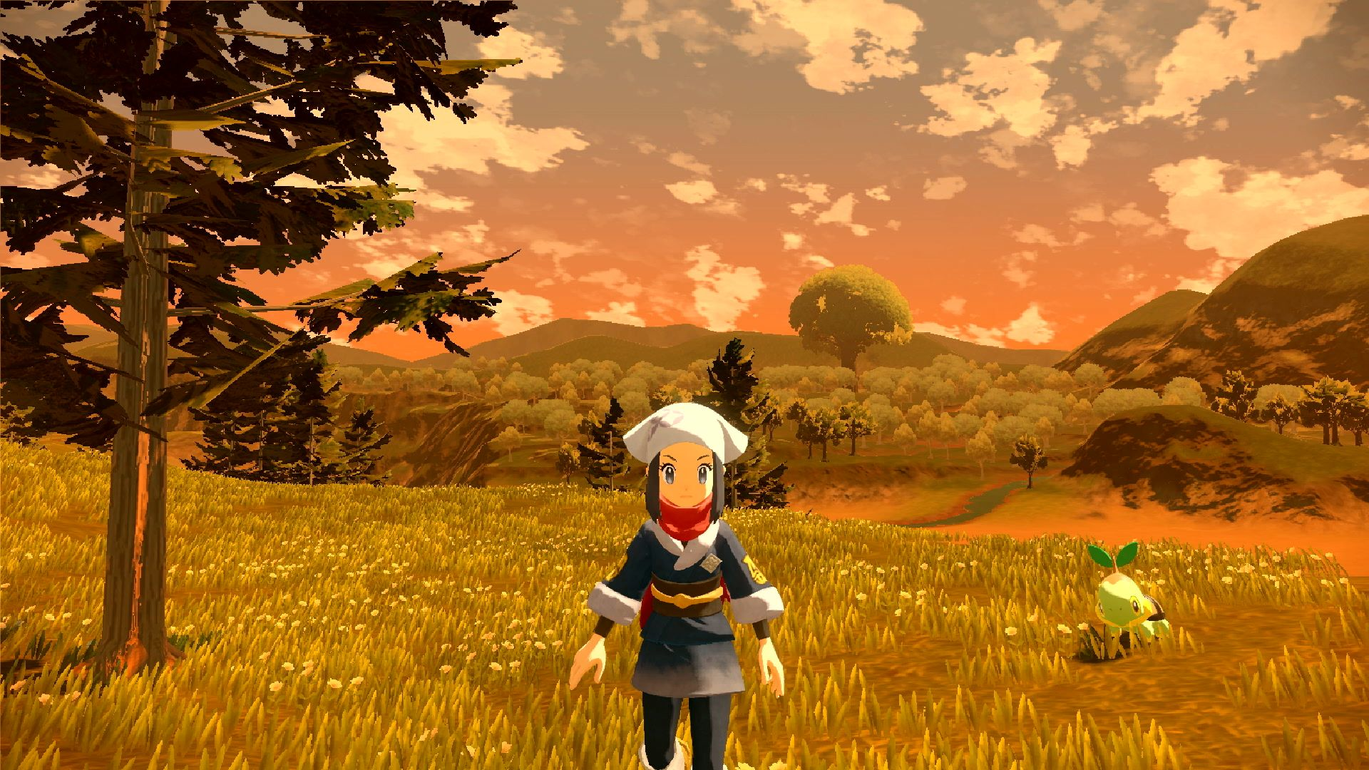 Una persona in un gioco è in un campo con un albero. Il cielo è arancione. C'è una piccola creatura.